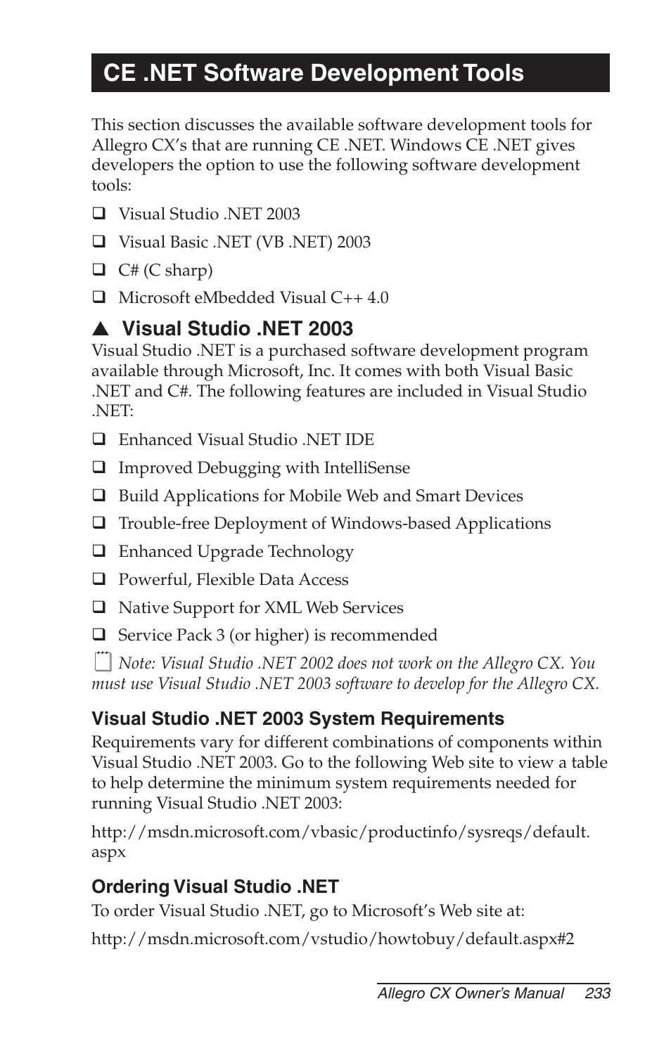 Ce .net software development tools, Visual studio .net 2003, Visual studio .net 2003 system requirements | Ordering visual studio .net | Juniper Systems Allegro CX Manual User Manual | Page 233 / 304