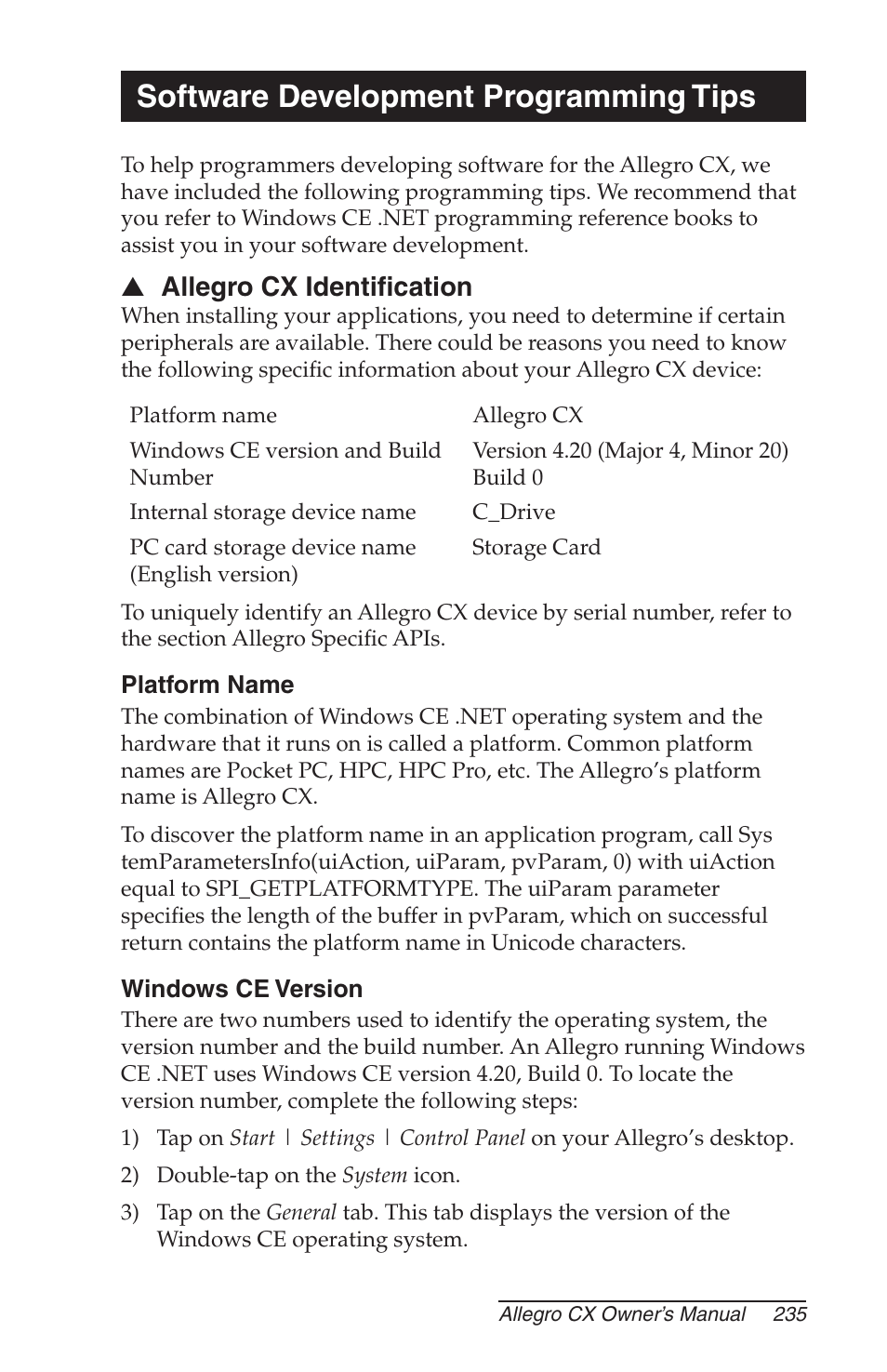 Software development programming tips, Allegro cx identification, Platform name | Windows ce version | Juniper Systems Allegro CX Manual User Manual | Page 235 / 304