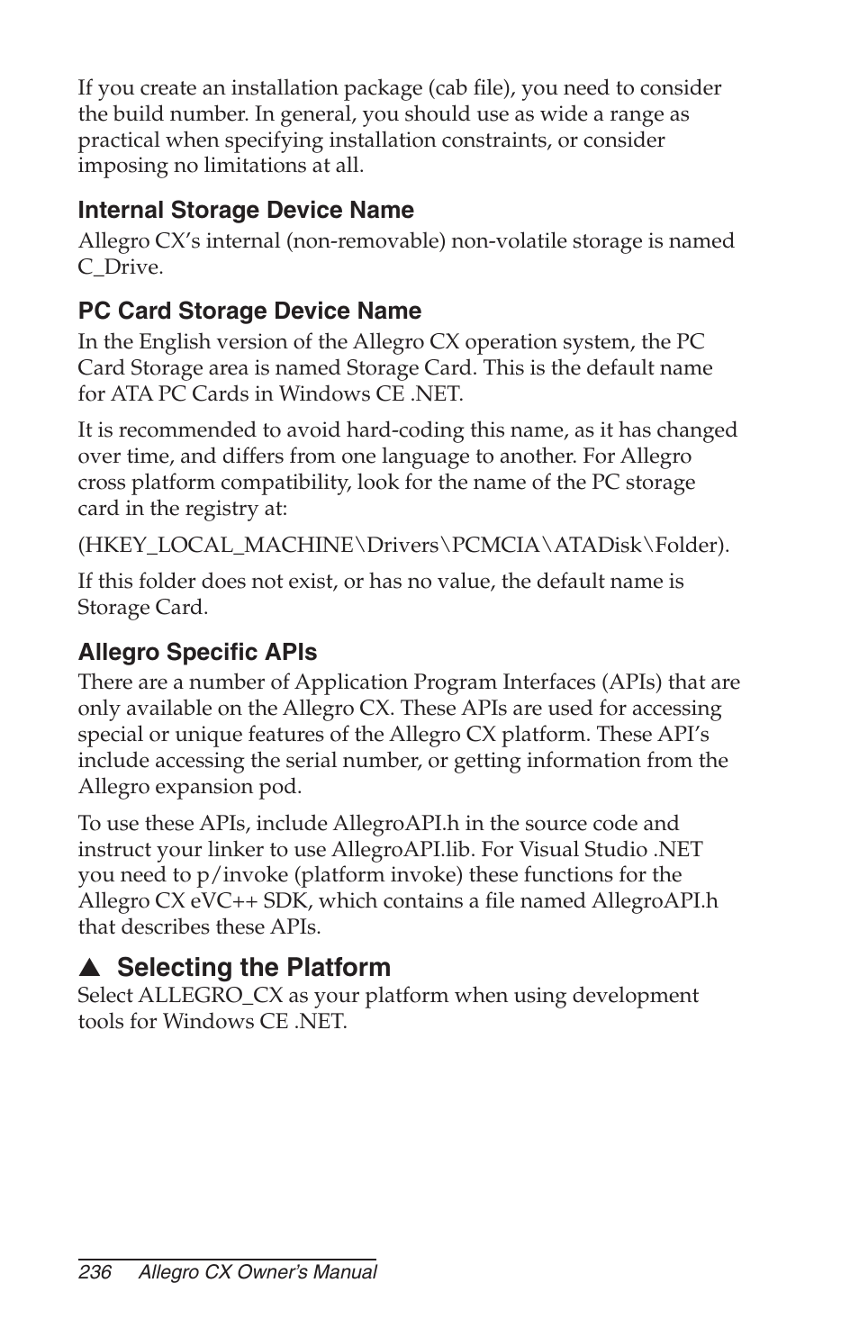 Internal storage device name, Pc card storage device name, Allegro specific apis | Selecting the platform | Juniper Systems Allegro CX Manual User Manual | Page 236 / 304