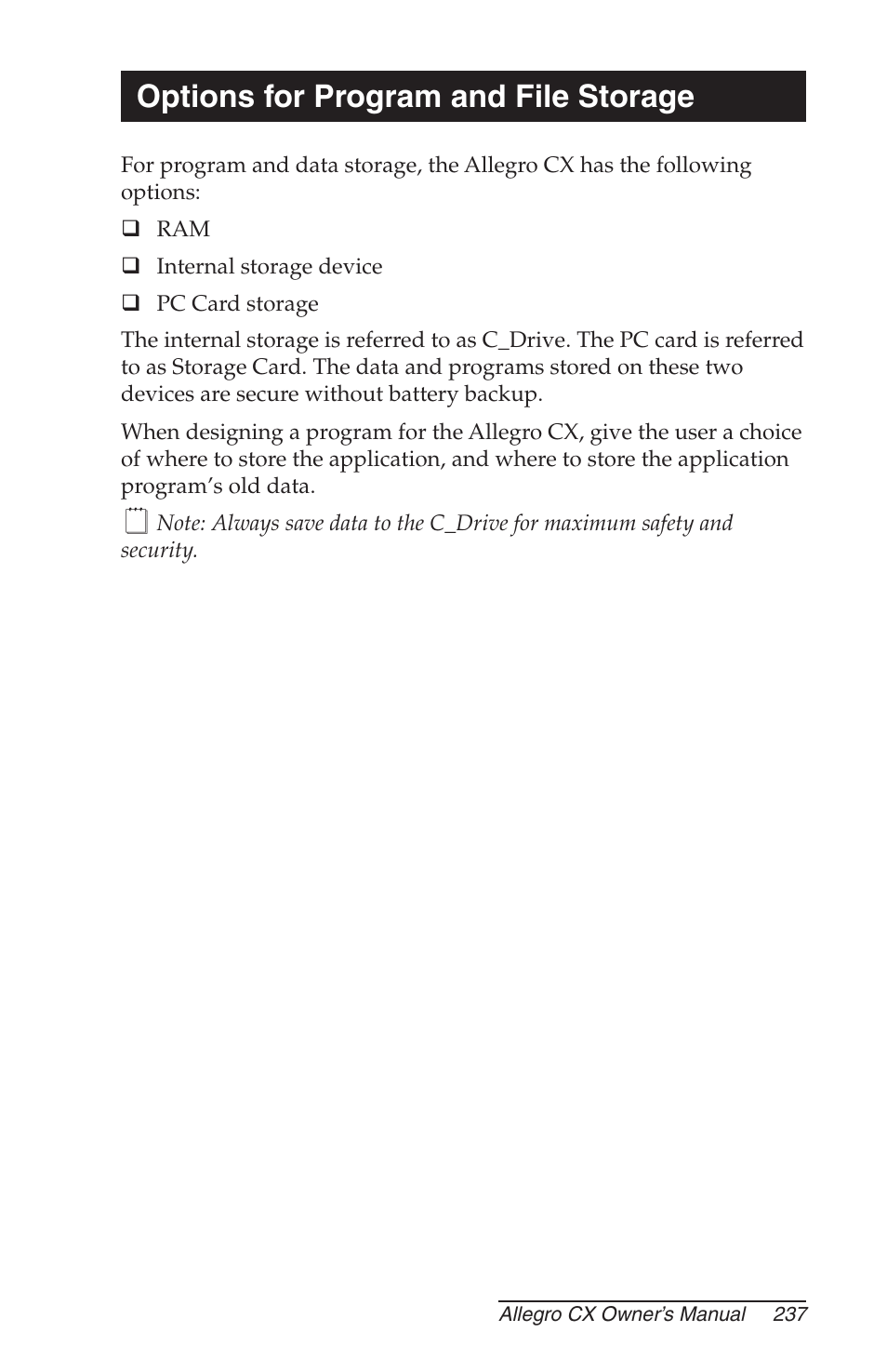 Options for program and file storage | Juniper Systems Allegro CX Manual User Manual | Page 237 / 304