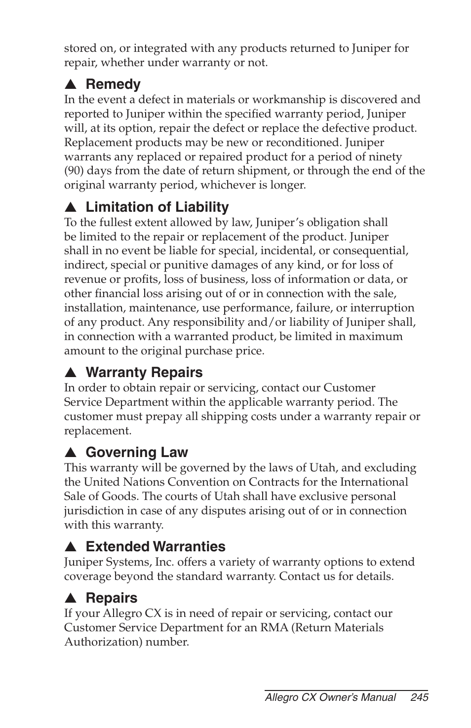 Remedy, Limitation of liability, Warranty repairs | Governing law, Extended warranties, Repairs | Juniper Systems Allegro CX Manual User Manual | Page 245 / 304