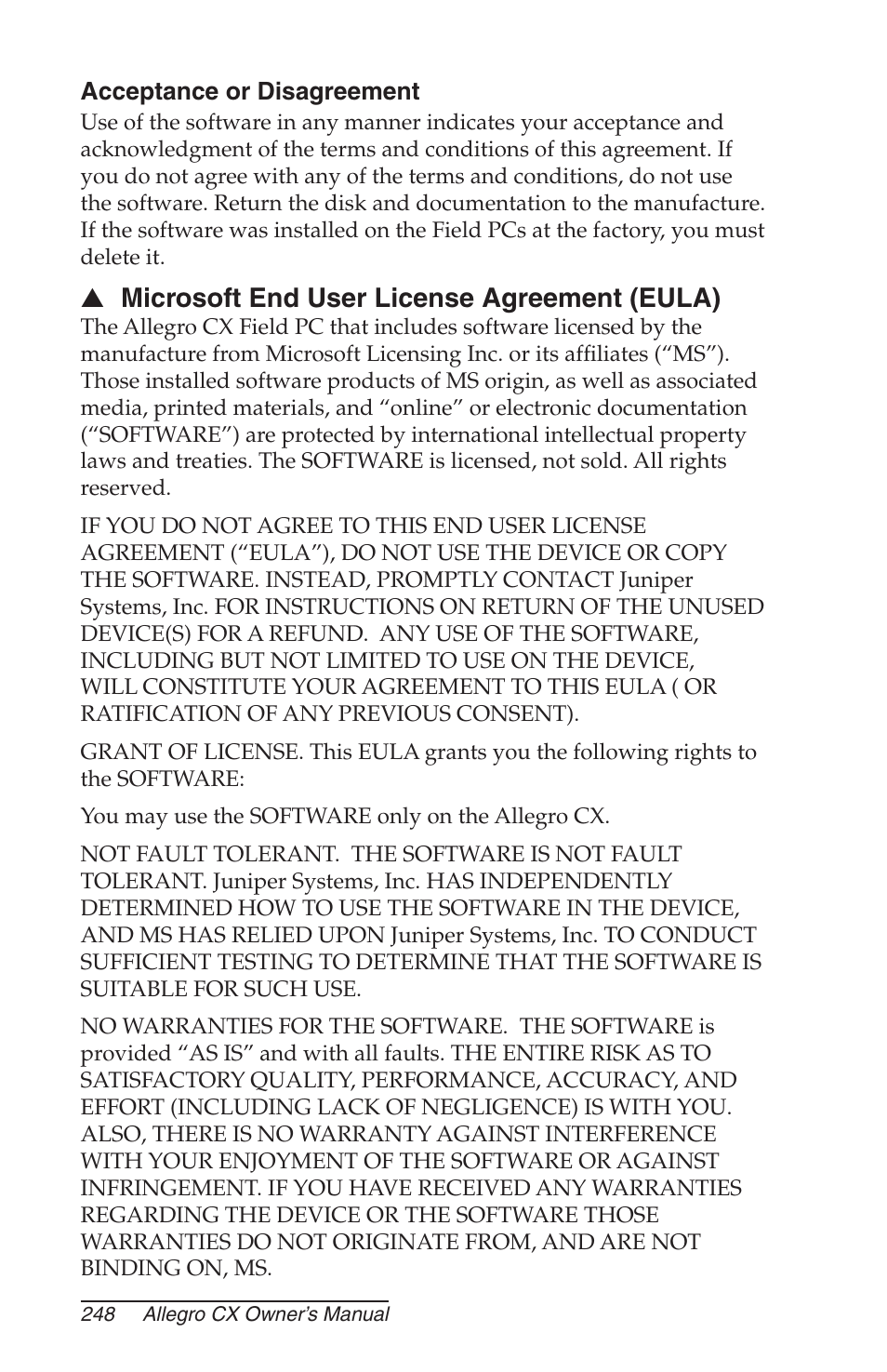 Acceptance or disagreement, Microsoft end user license agreement (eula), Microsoft end user license agreement | Juniper Systems Allegro CX Manual User Manual | Page 248 / 304