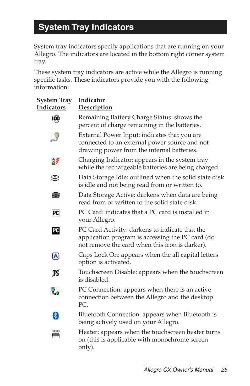 System tray indicators, Systems tray indicators | Juniper Systems Allegro CX Manual User Manual | Page 25 / 304