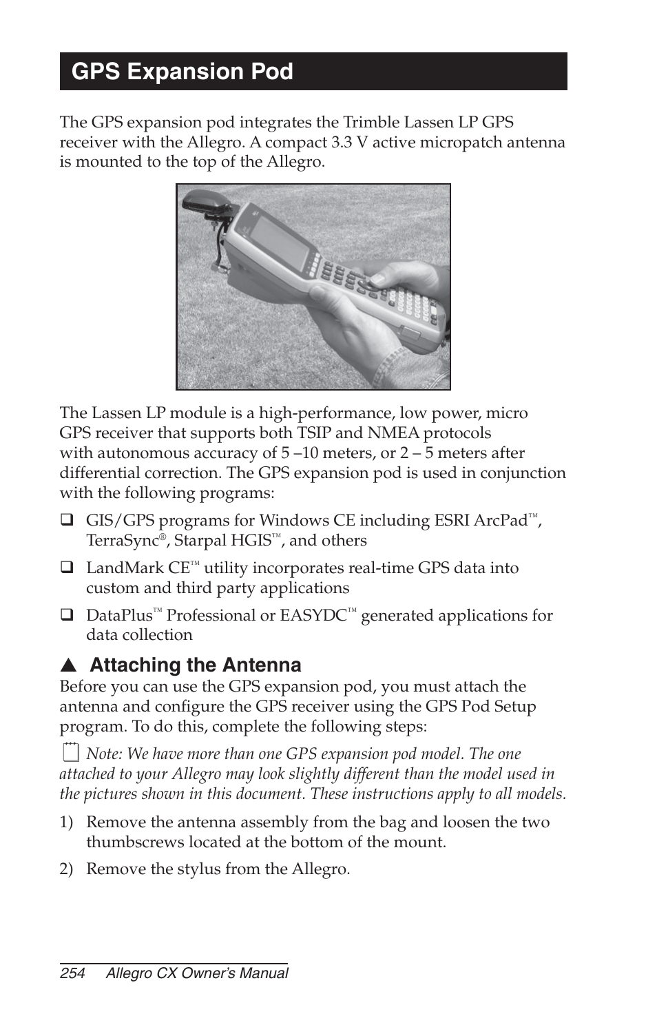 Gps expansion pod, Attaching the antenna | Juniper Systems Allegro CX Manual User Manual | Page 254 / 304