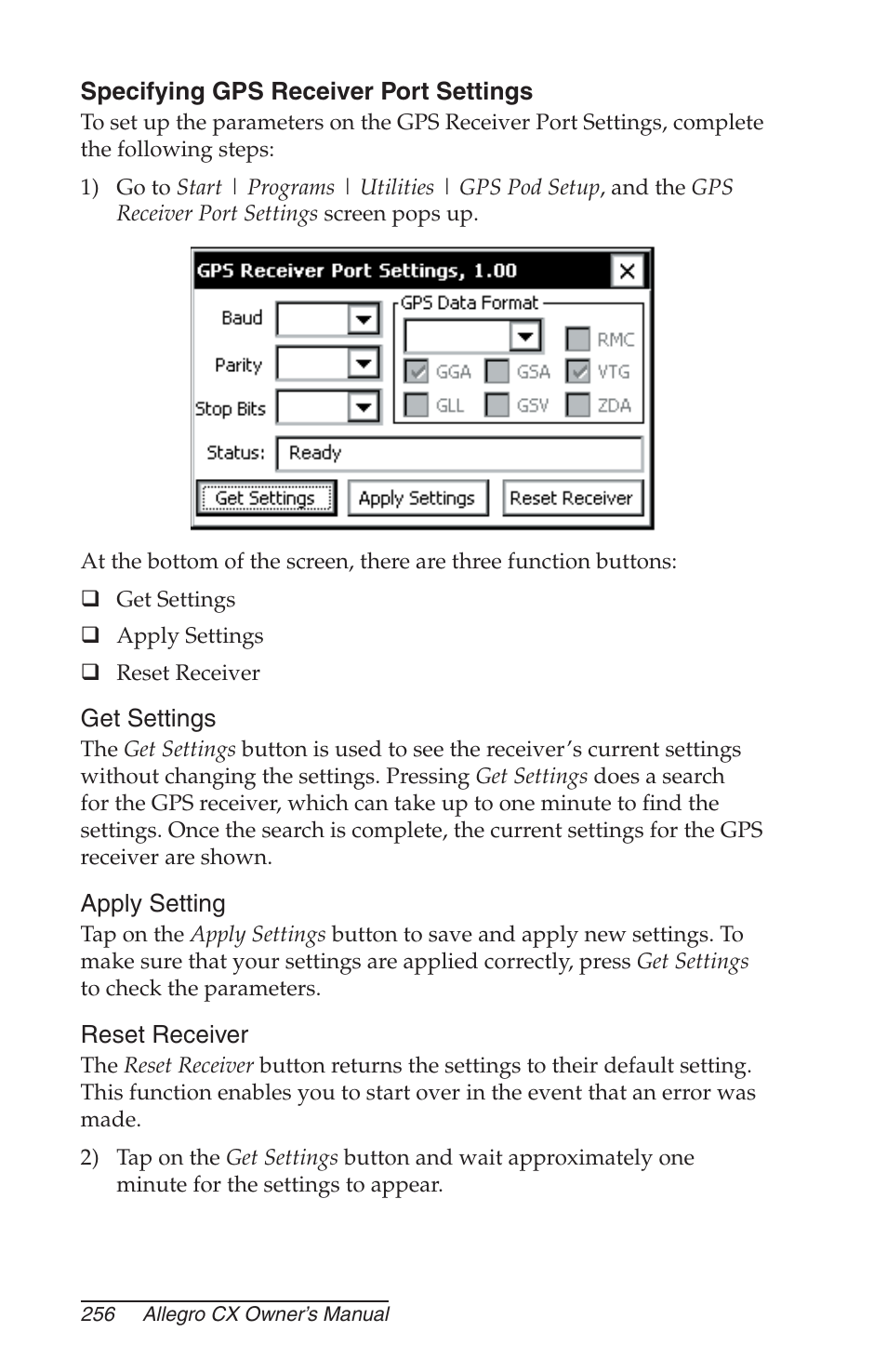 Specifying gps receiver port settings, Get settings, Apply setting | Reset receiver | Juniper Systems Allegro CX Manual User Manual | Page 256 / 304