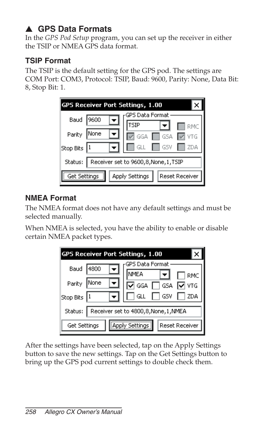 Gps data formats, Tsip format, Nmea format | Juniper Systems Allegro CX Manual User Manual | Page 258 / 304