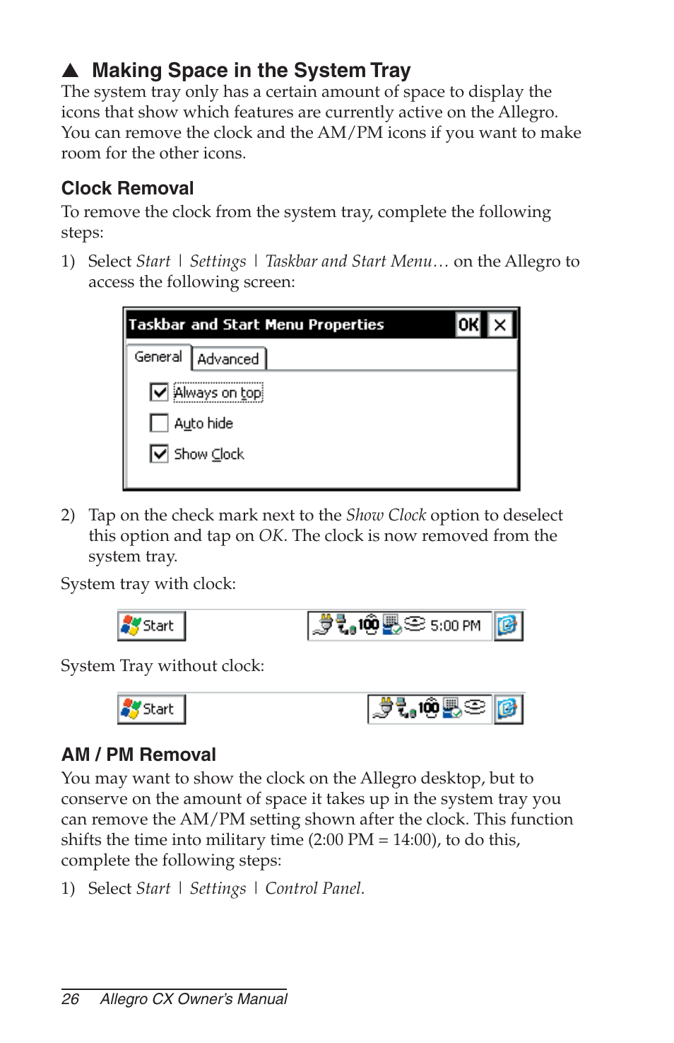 Making space in the system tray, Clock removal, Am / pm removal | Juniper Systems Allegro CX Manual User Manual | Page 26 / 304