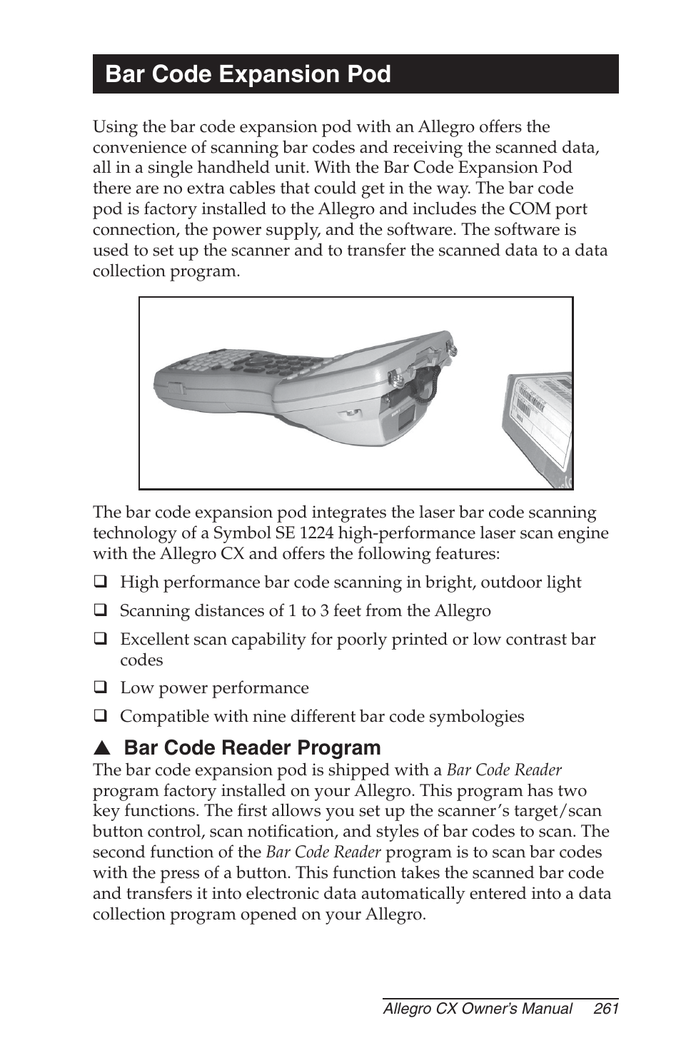 Bar code expansion pod, Bar code reader program | Juniper Systems Allegro CX Manual User Manual | Page 261 / 304