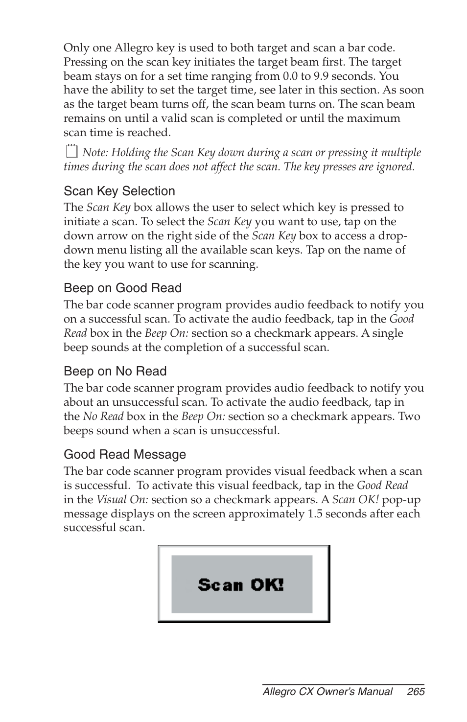 Scan key selection, Beep on good read, Beep on no read | Good read message | Juniper Systems Allegro CX Manual User Manual | Page 265 / 304