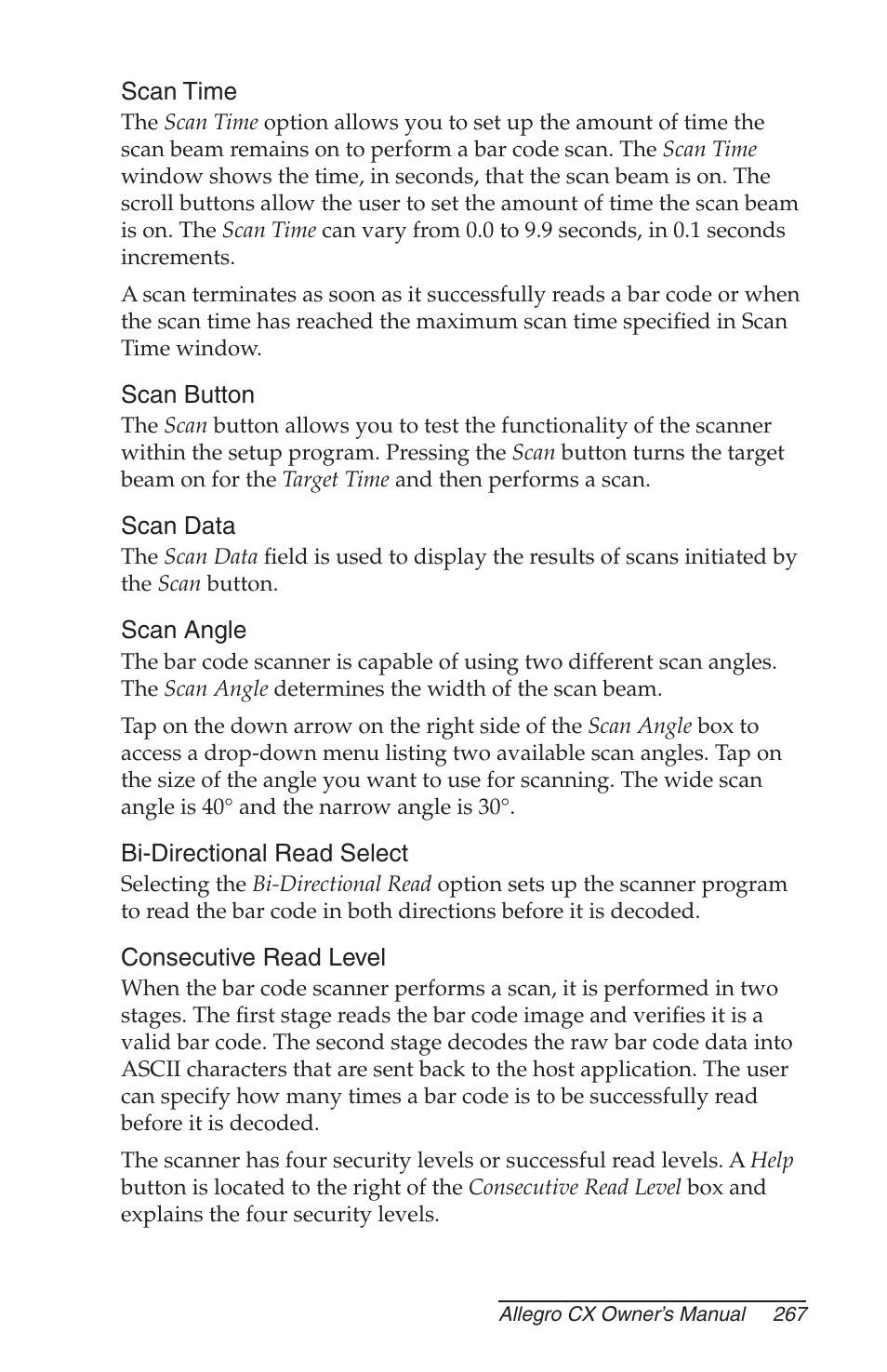 Scan time, Scan button, Scan data | Scan angle, Bi-directional read select, Consecutive read level | Juniper Systems Allegro CX Manual User Manual | Page 267 / 304