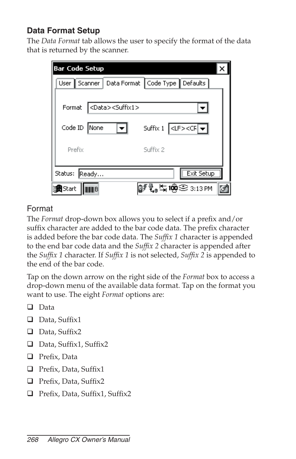 Data format setup, Format | Juniper Systems Allegro CX Manual User Manual | Page 268 / 304