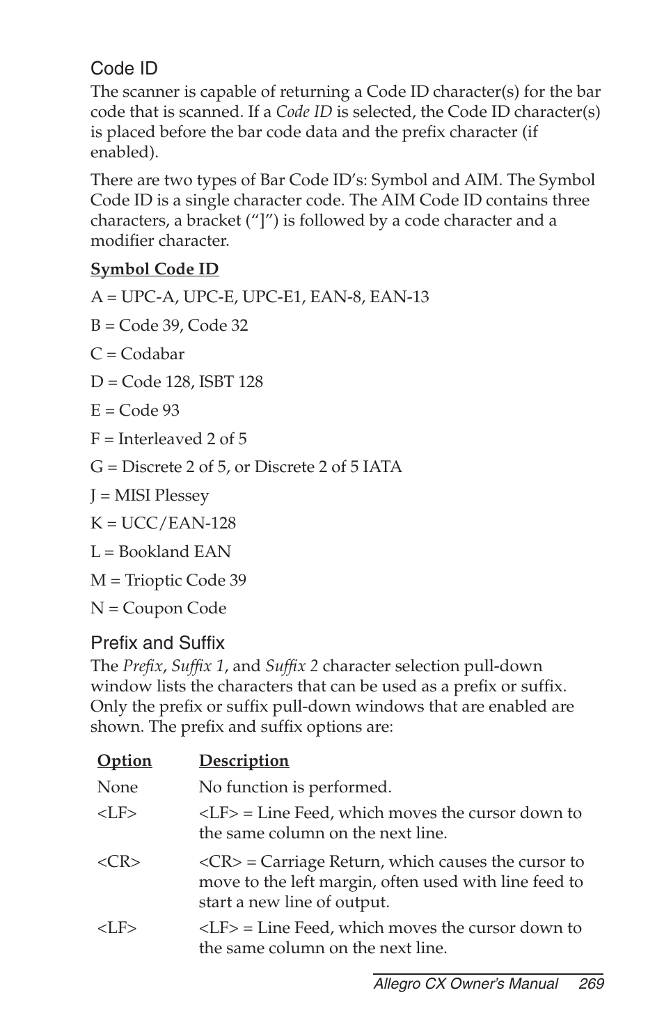 Code id, Prefix and suffix | Juniper Systems Allegro CX Manual User Manual | Page 269 / 304
