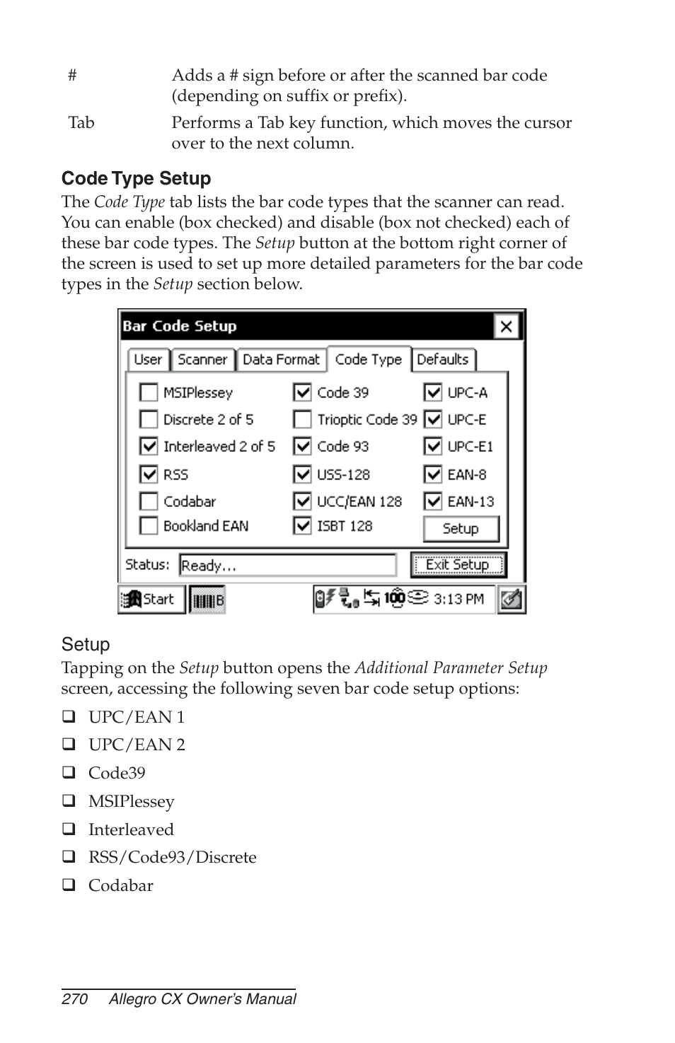 Code type setup, Setup | Juniper Systems Allegro CX Manual User Manual | Page 270 / 304