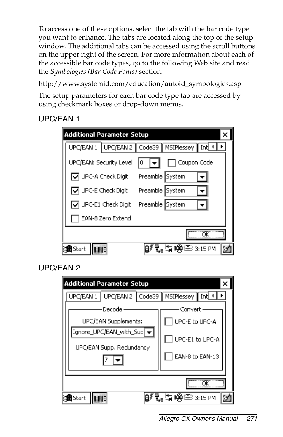 Upc/ean 1, Upc/ean 2 | Juniper Systems Allegro CX Manual User Manual | Page 271 / 304