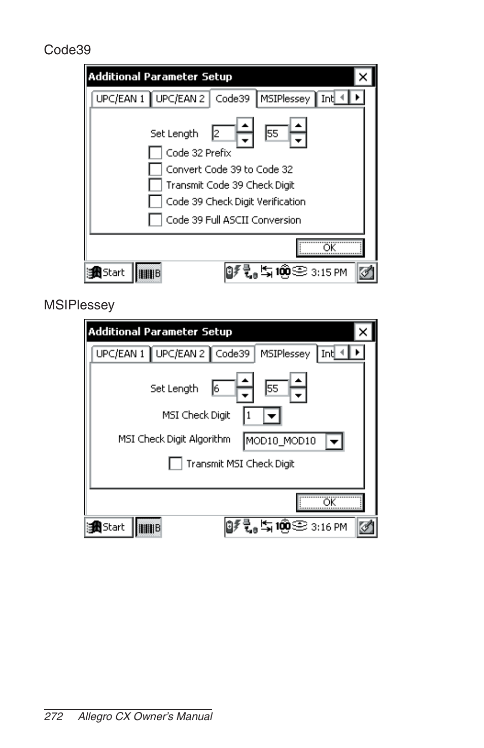 Code39, Msiplessey | Juniper Systems Allegro CX Manual User Manual | Page 272 / 304