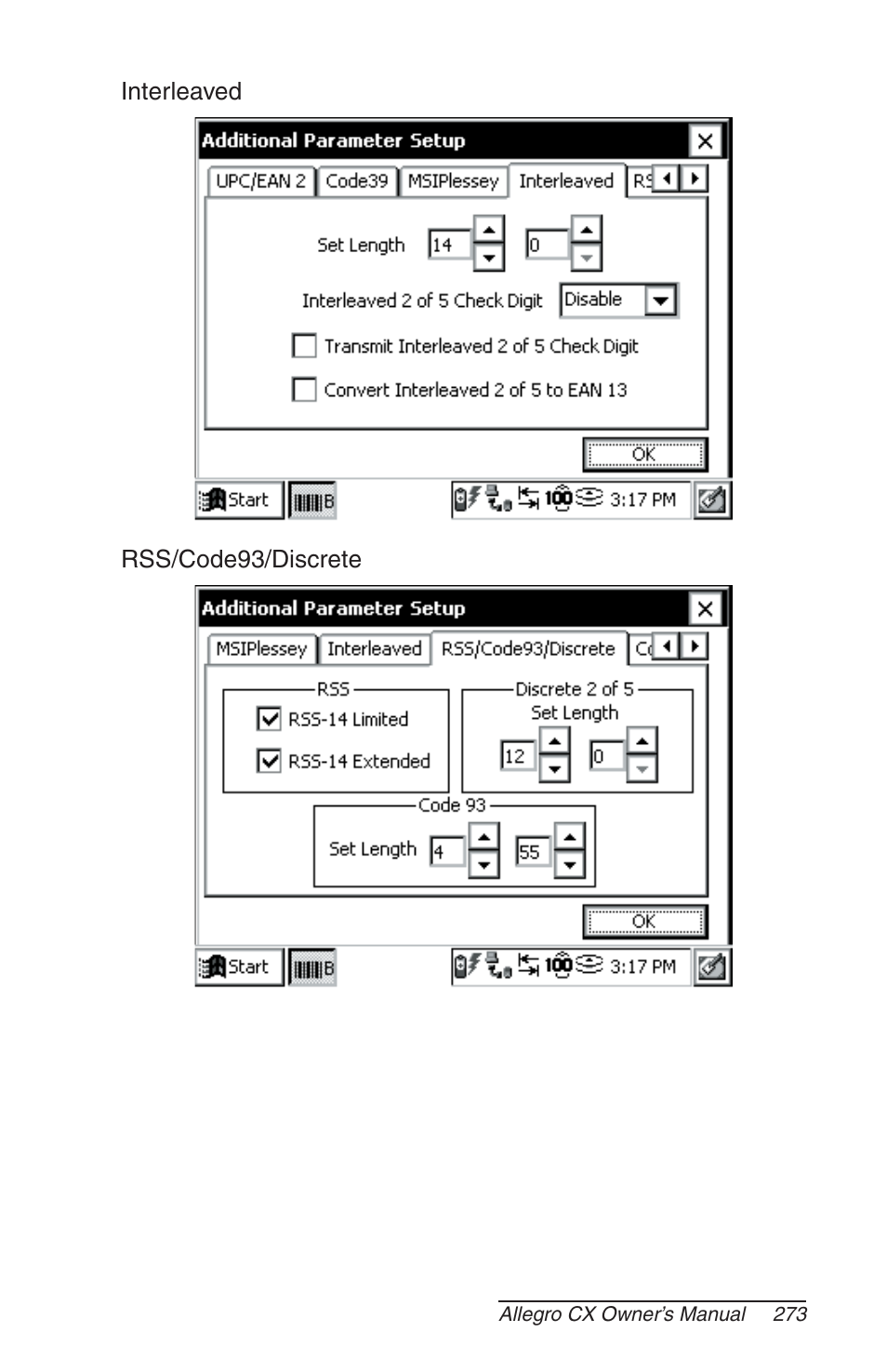Interleaved, Rss/code93/discrete | Juniper Systems Allegro CX Manual User Manual | Page 273 / 304