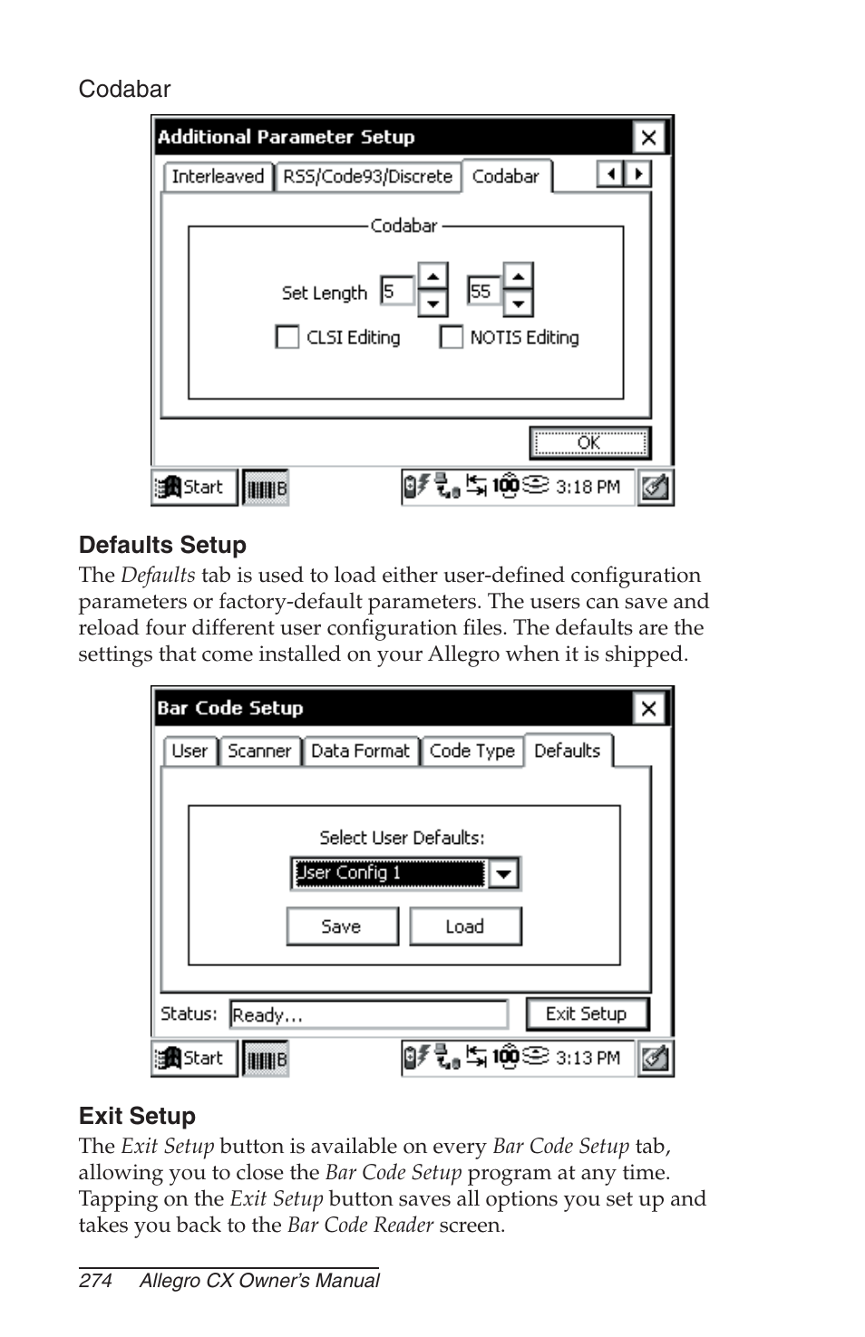 Codabar, Defaults setup, Exit setup | Juniper Systems Allegro CX Manual User Manual | Page 274 / 304