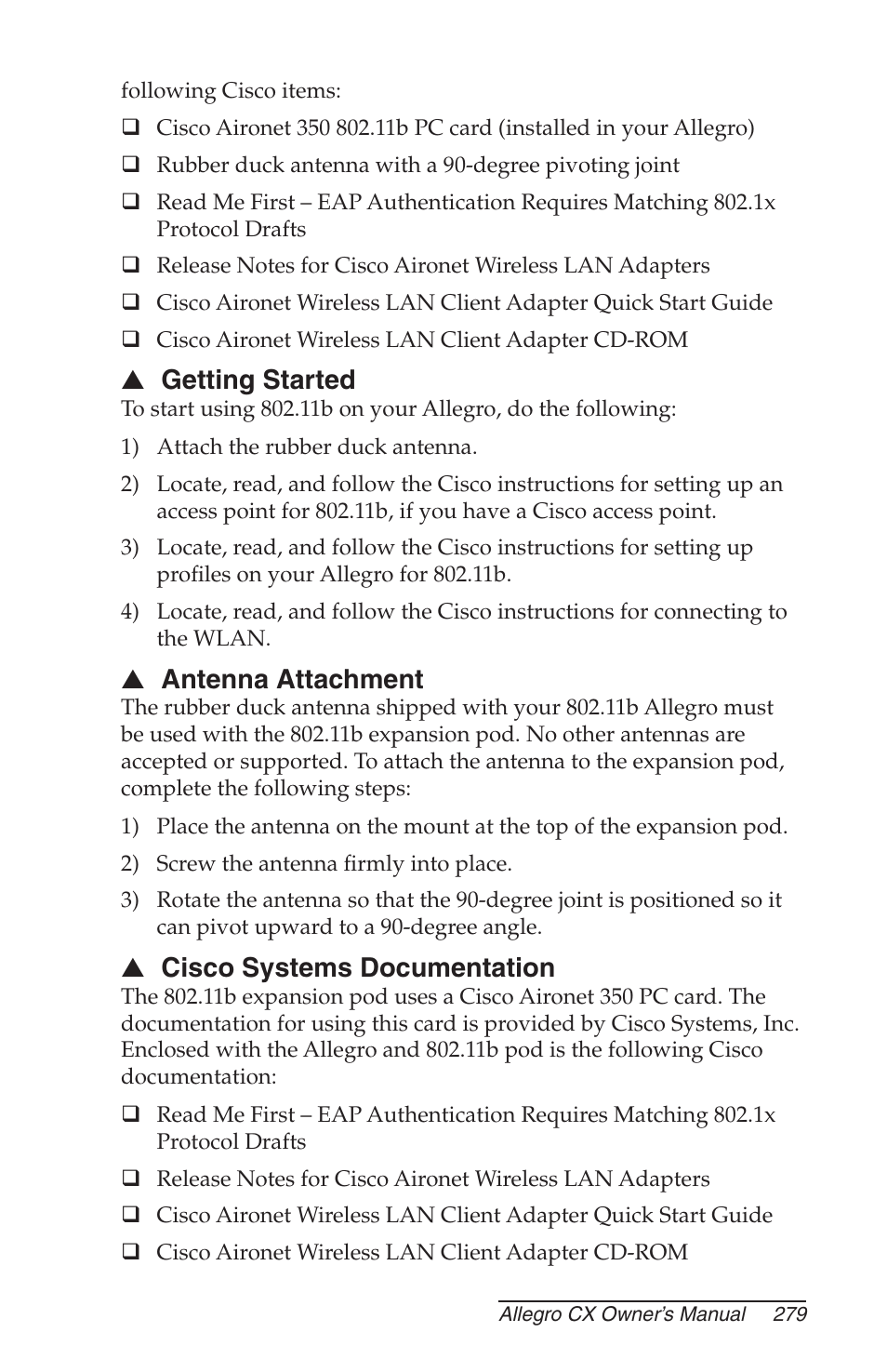 Getting started, Antenna attachment, Cisco systems documentation | Juniper Systems Allegro CX Manual User Manual | Page 279 / 304