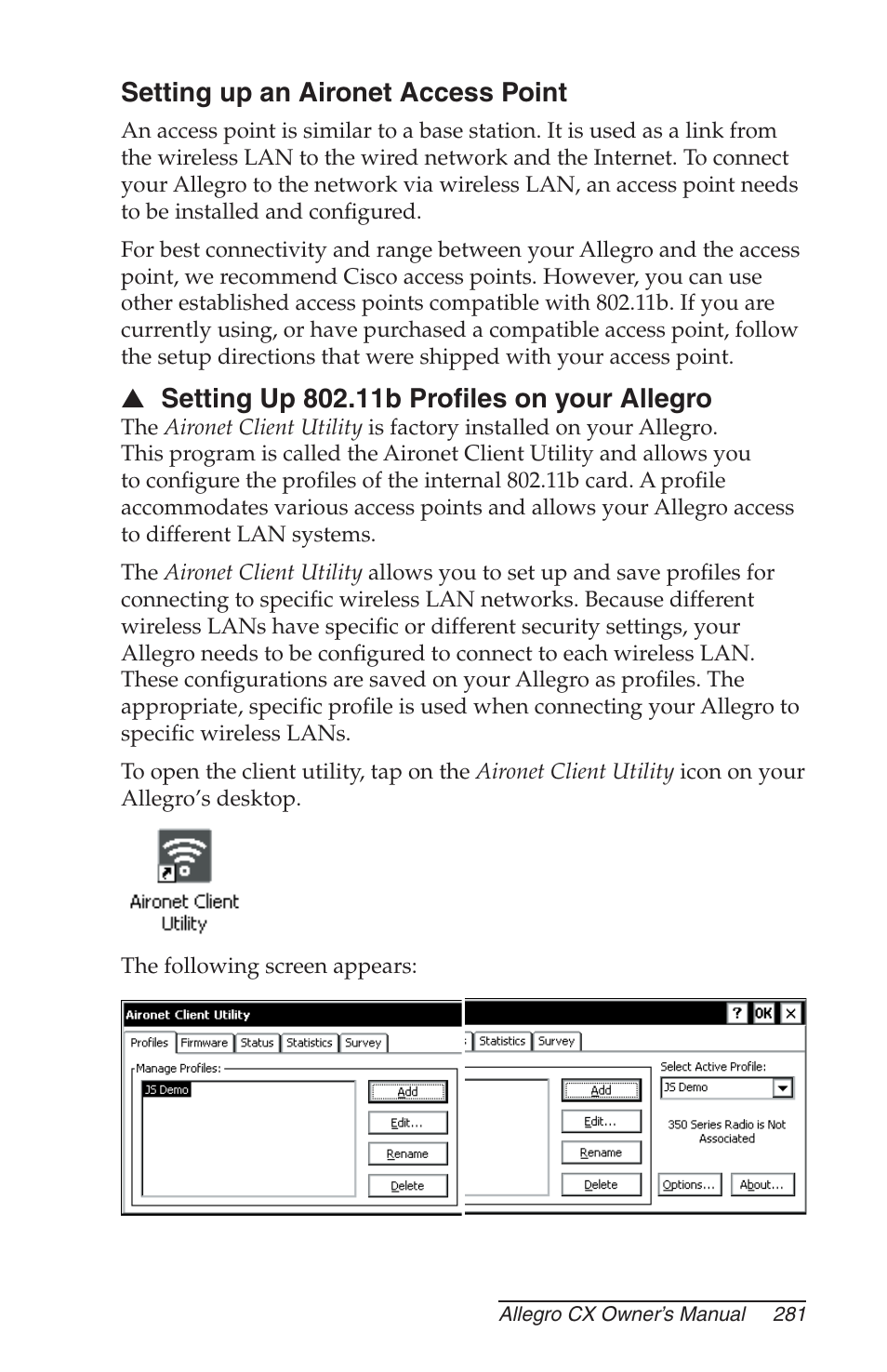 Setting up an aironet access point, Setting up 802.11b profiles on your allegro | Juniper Systems Allegro CX Manual User Manual | Page 281 / 304