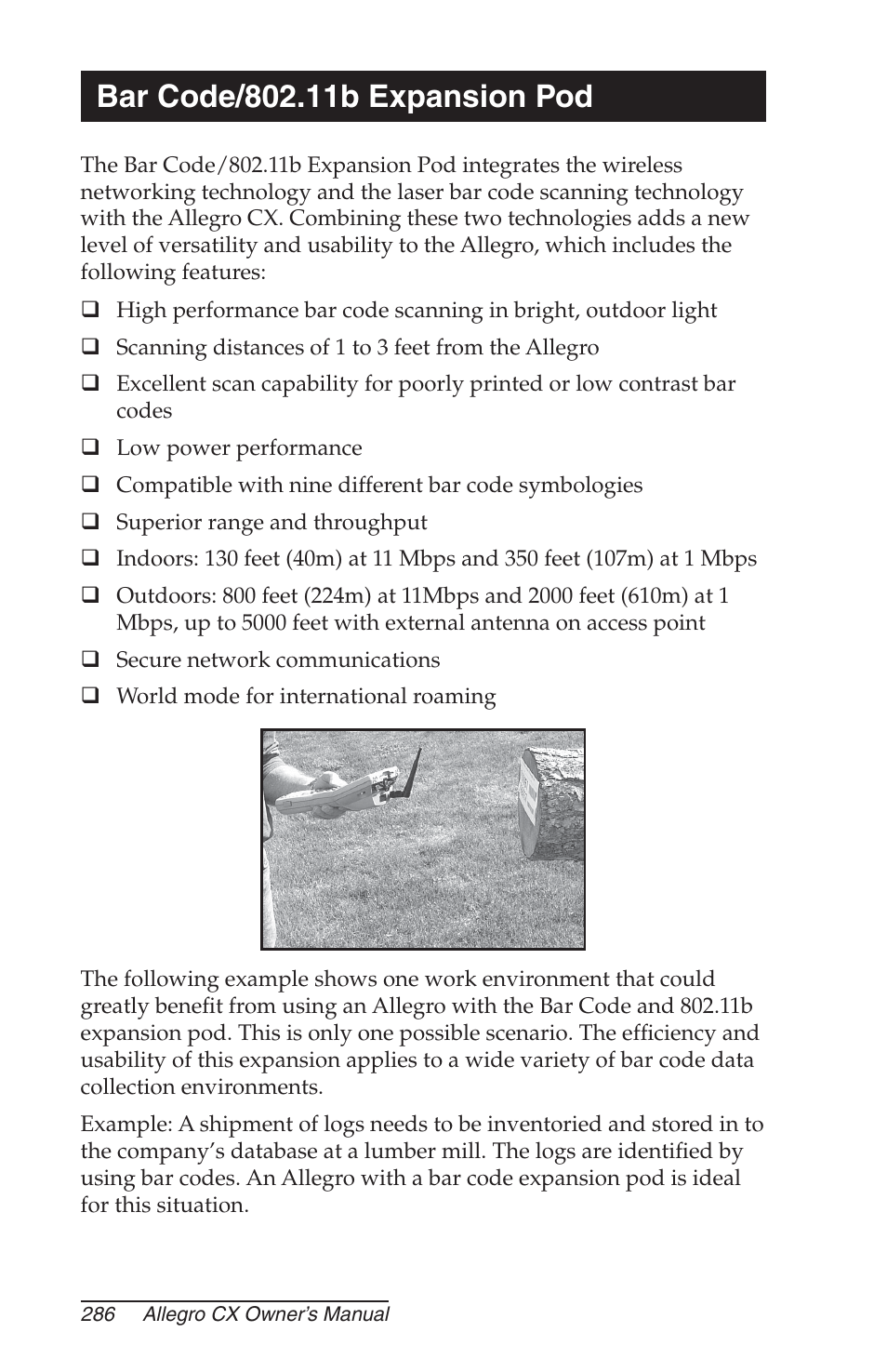 Bar code/802.11b expansion pod | Juniper Systems Allegro CX Manual User Manual | Page 286 / 304