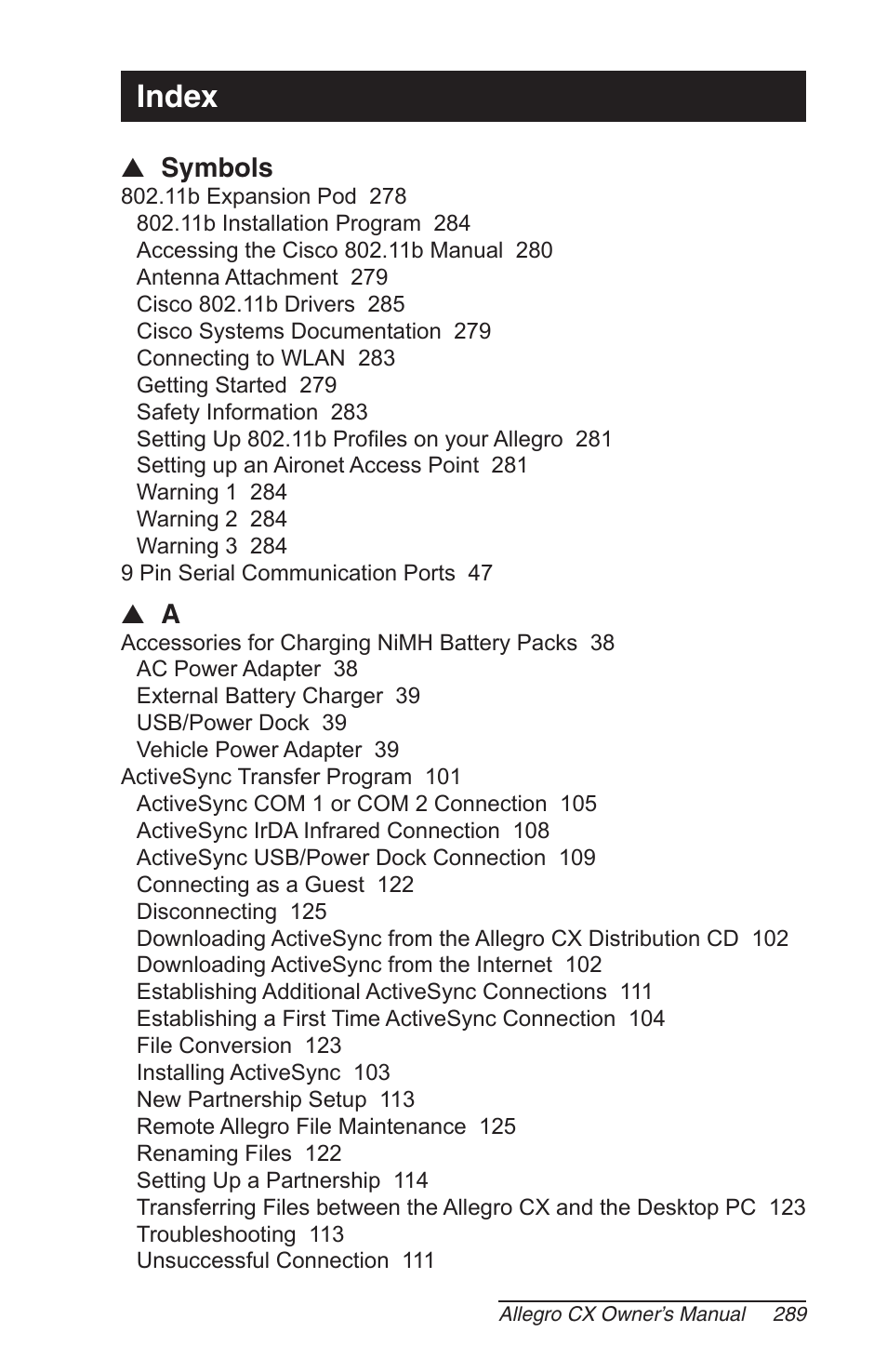 Symbols, Index | Juniper Systems Allegro CX Manual User Manual | Page 289 / 304