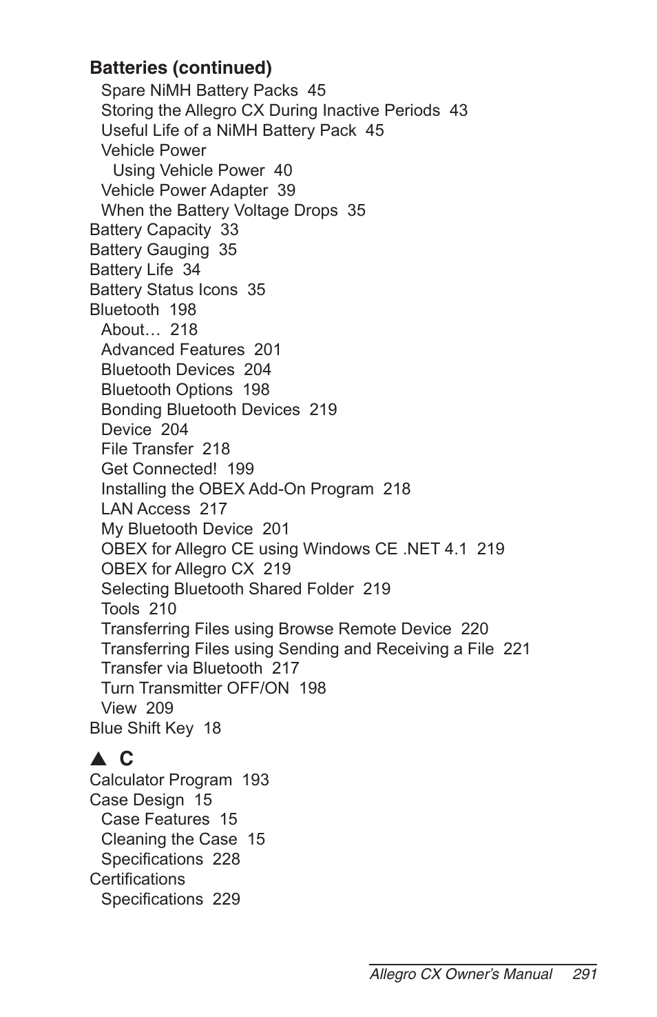 Batteries (continued) | Juniper Systems Allegro CX Manual User Manual | Page 291 / 304