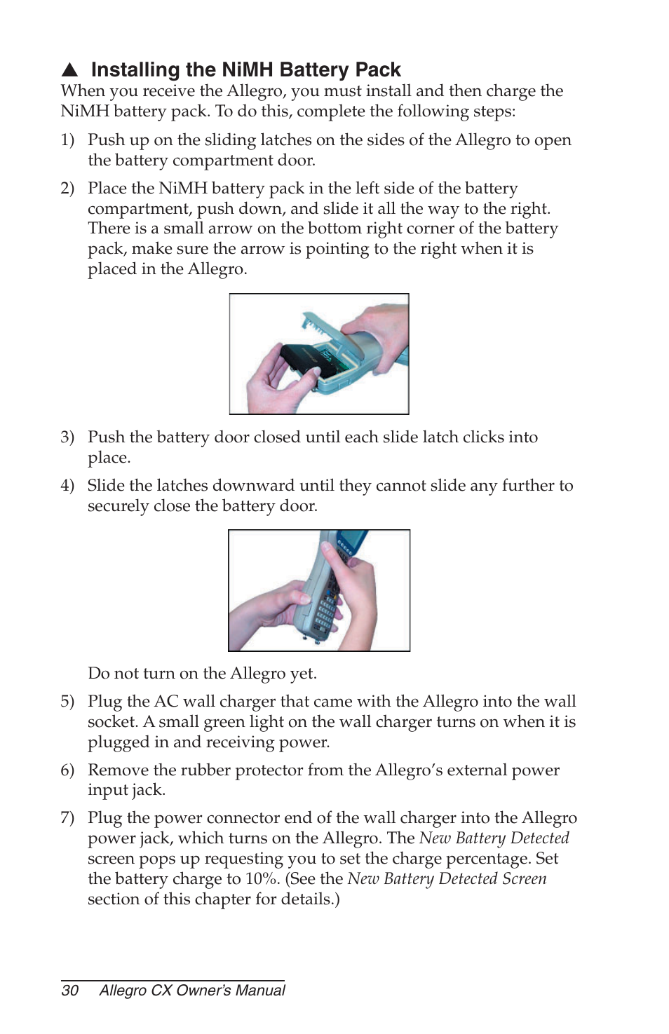 Installing the nimh battery pack | Juniper Systems Allegro CX Manual User Manual | Page 30 / 304