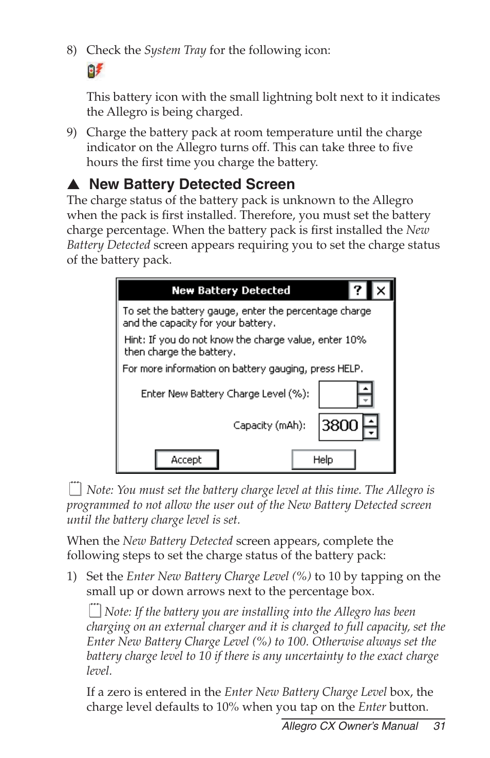 New battery detected screen | Juniper Systems Allegro CX Manual User Manual | Page 31 / 304