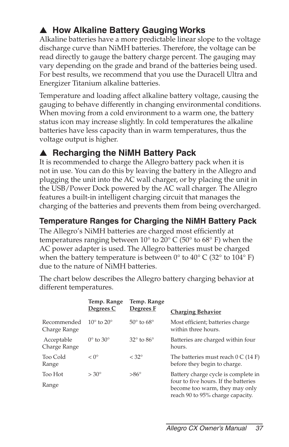 How alkaline battery gauging works, Recharging the nimh battery pack | Juniper Systems Allegro CX Manual User Manual | Page 37 / 304