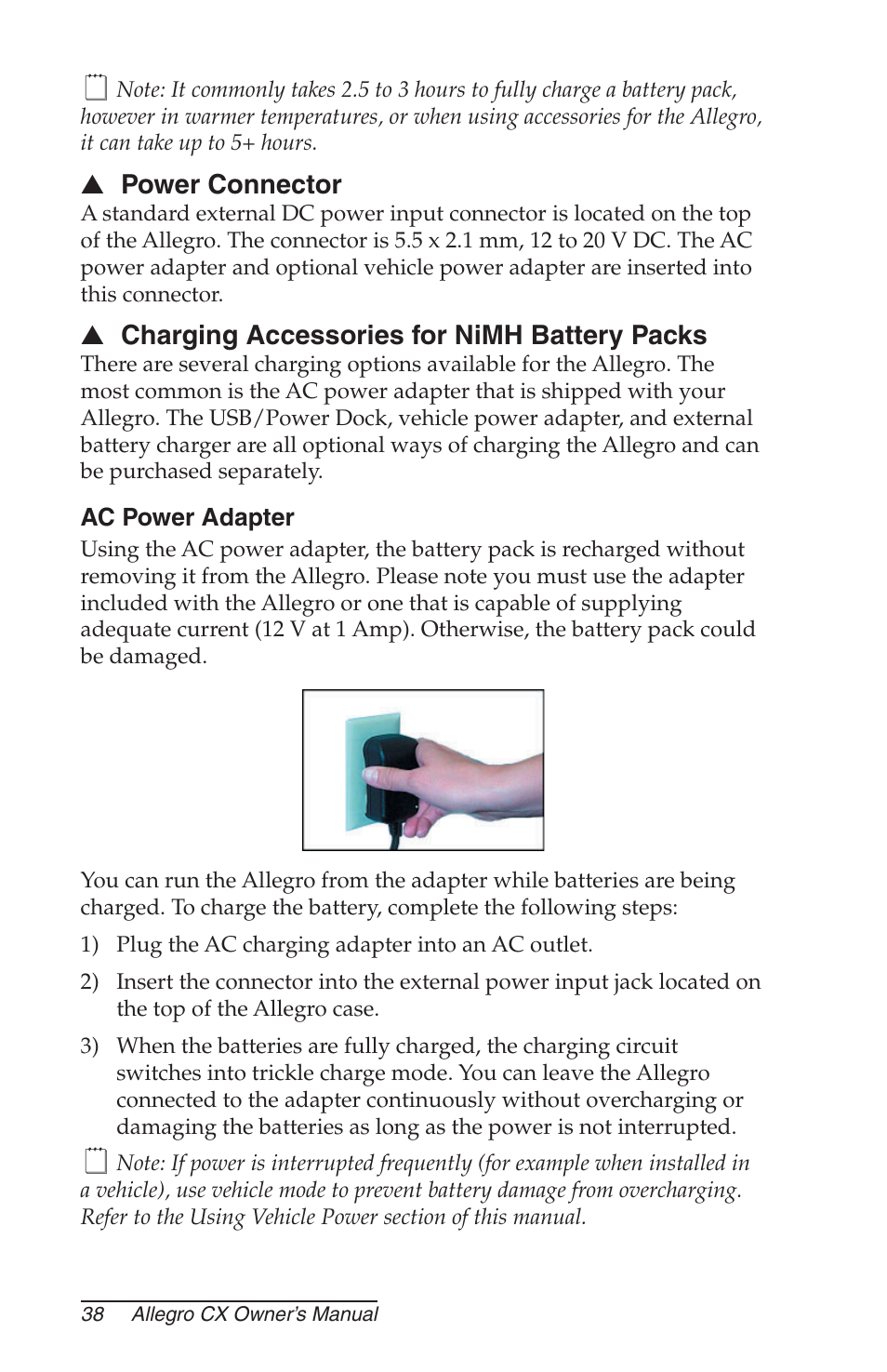 Power connector, Charging accessories for nimh battery packs, Ac power adapter | Juniper Systems Allegro CX Manual User Manual | Page 38 / 304