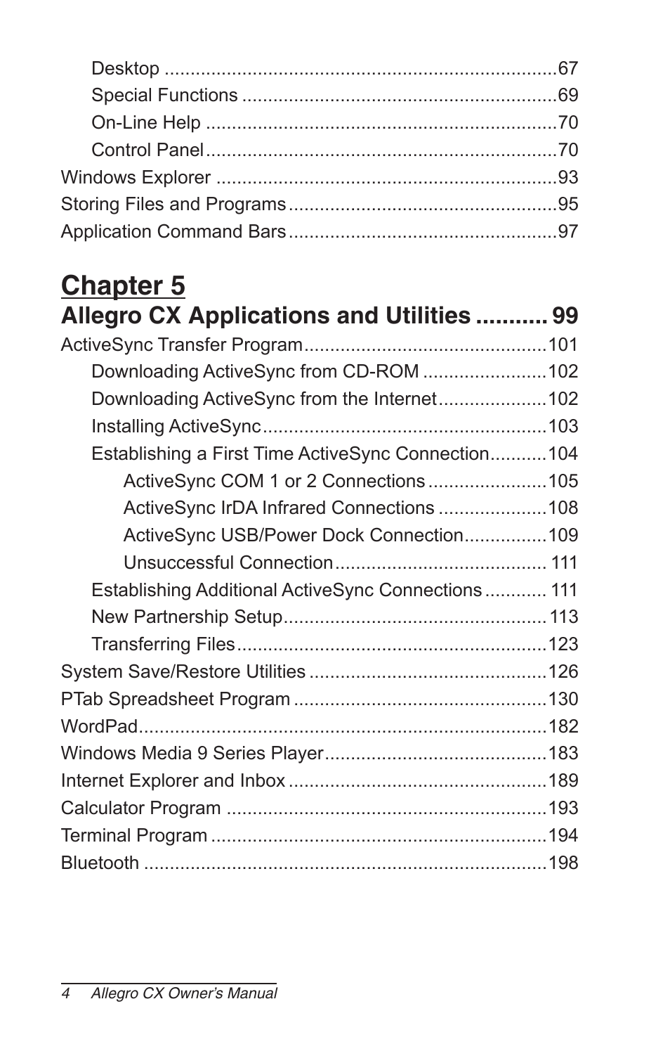 Chapter 5 allegro cx applications and utilities, Chapter 5, Allegro cx applications and utilities | Juniper Systems Allegro CX Manual User Manual | Page 4 / 304