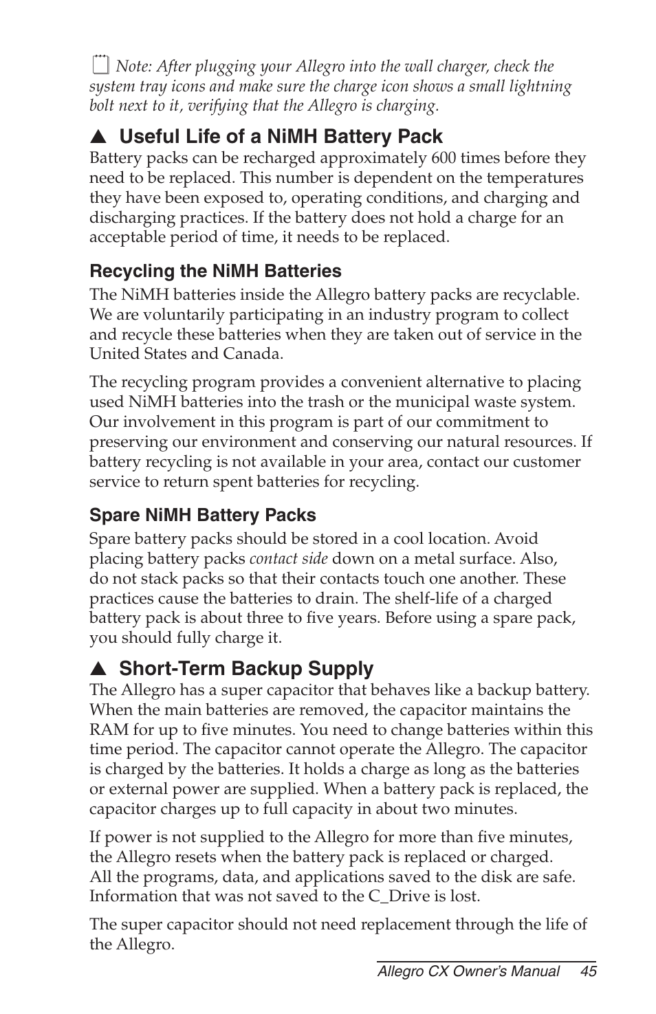 Useful life of a nimh battery pack, Recycling the nimh batteries, Spare nimh battery packs | Short-term backup supply | Juniper Systems Allegro CX Manual User Manual | Page 45 / 304