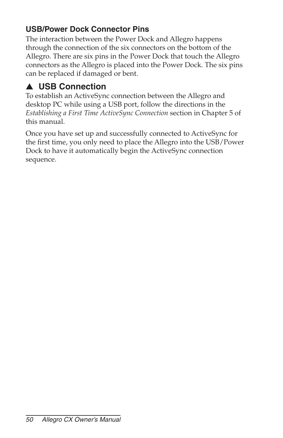 Usb/power dock connector pins, Usb connection | Juniper Systems Allegro CX Manual User Manual | Page 50 / 304