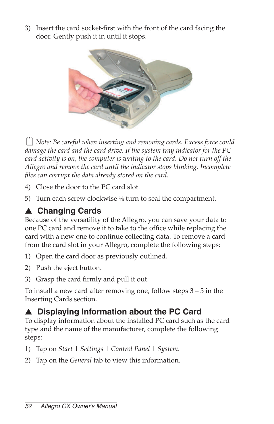 Changing cards, Displaying information about the pc card | Juniper Systems Allegro CX Manual User Manual | Page 52 / 304