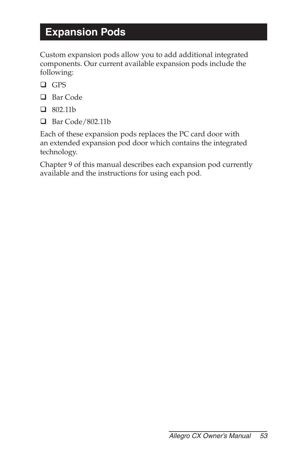 Expansion pods | Juniper Systems Allegro CX Manual User Manual | Page 53 / 304