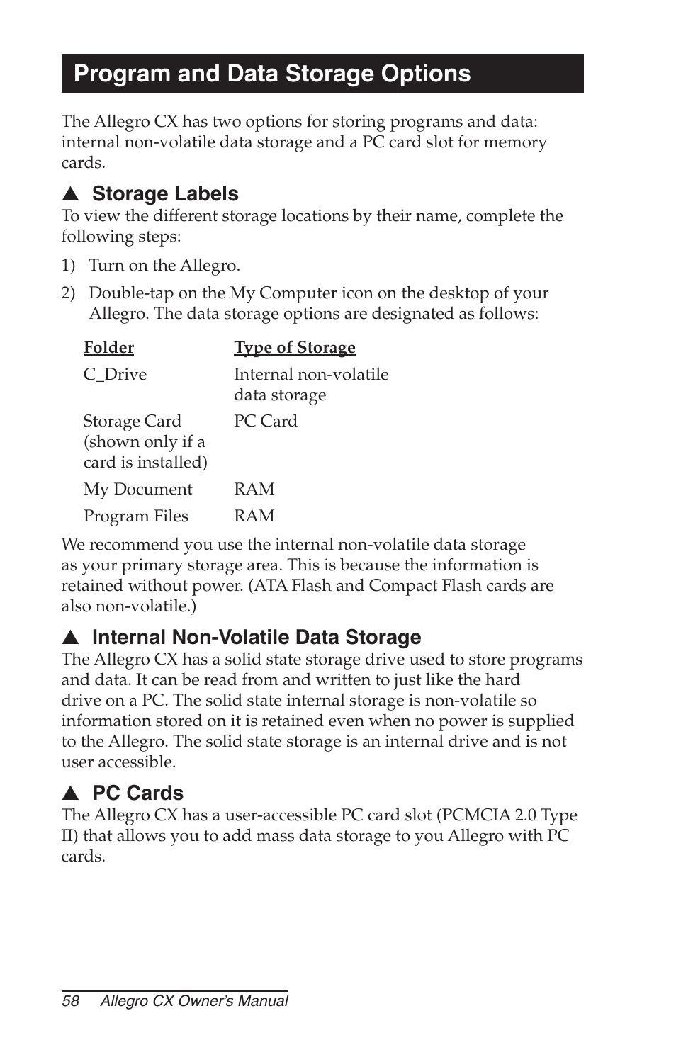 Program and data storage options, Storage labels, Internal non-volatile data storage | Pc cards | Juniper Systems Allegro CX Manual User Manual | Page 58 / 304