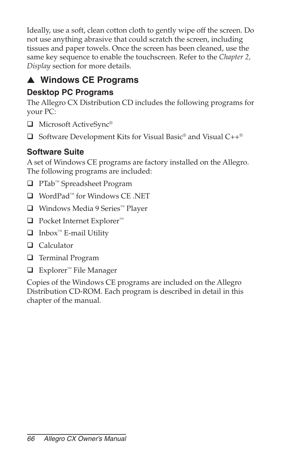 Windows ce programs, Desktop pc programs, Software suite | Juniper Systems Allegro CX Manual User Manual | Page 66 / 304