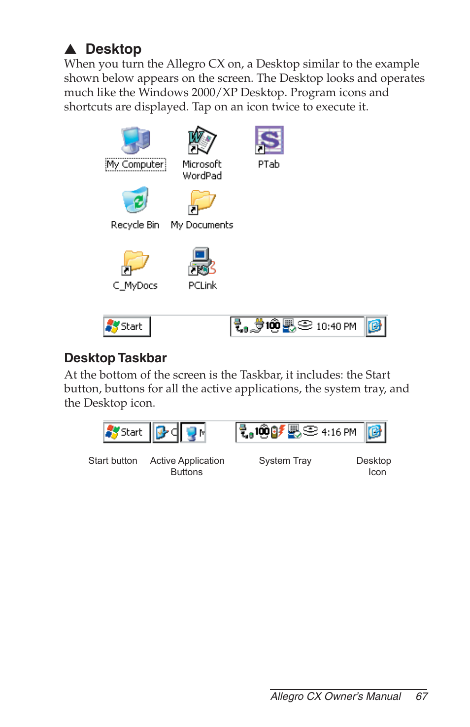 Desktop, Desktop taskbar | Juniper Systems Allegro CX Manual User Manual | Page 67 / 304