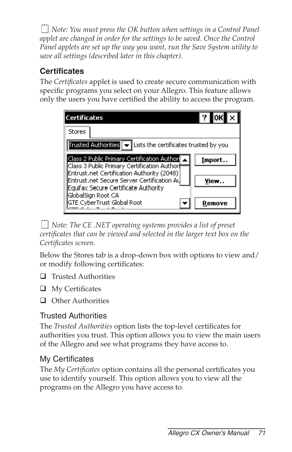 Certificates, Trusted authorities, My certificates | Juniper Systems Allegro CX Manual User Manual | Page 71 / 304