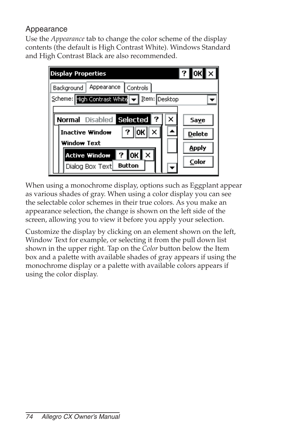 Appearance | Juniper Systems Allegro CX Manual User Manual | Page 74 / 304