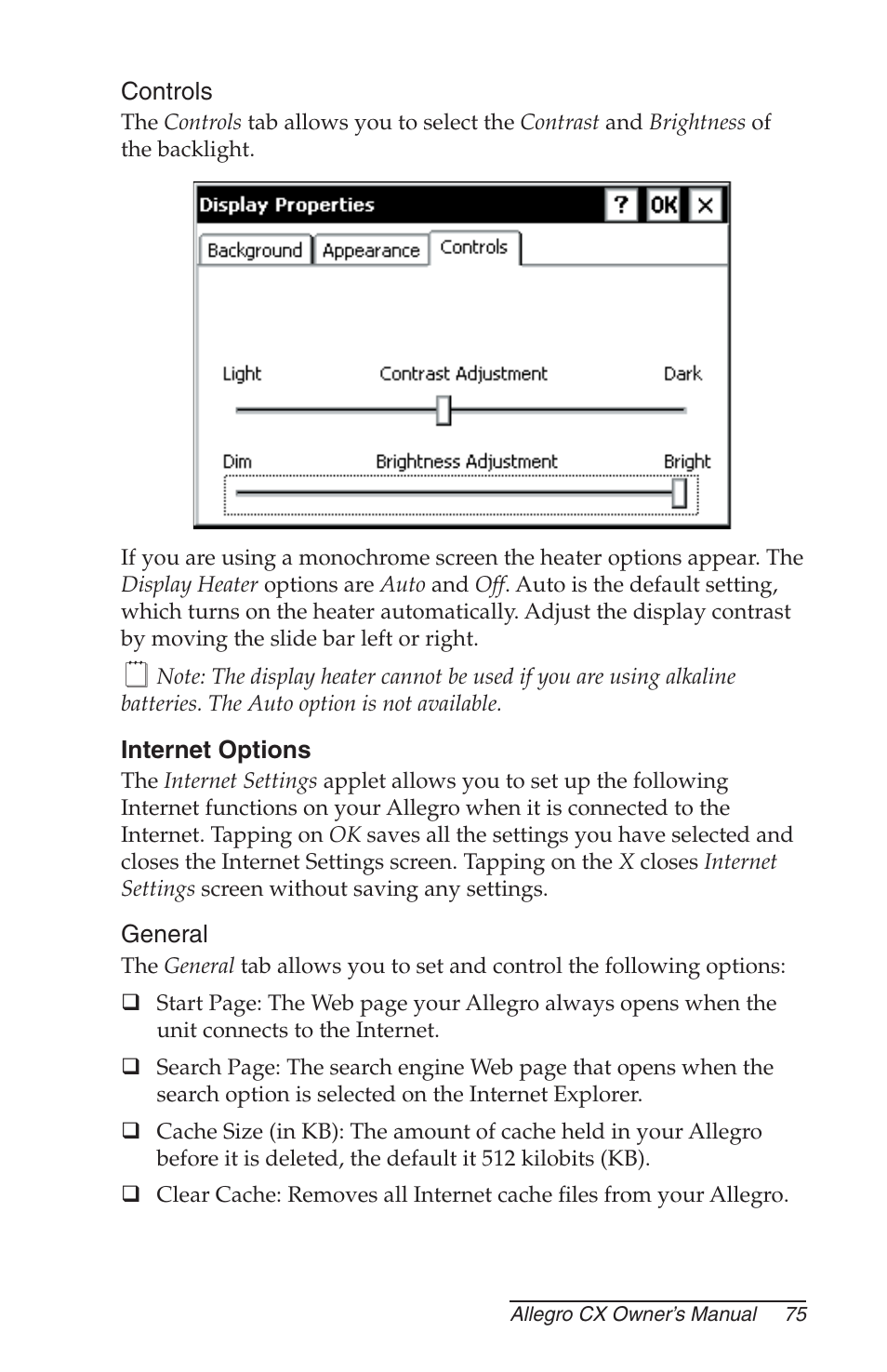 Controls, Internet options, General | Juniper Systems Allegro CX Manual User Manual | Page 75 / 304