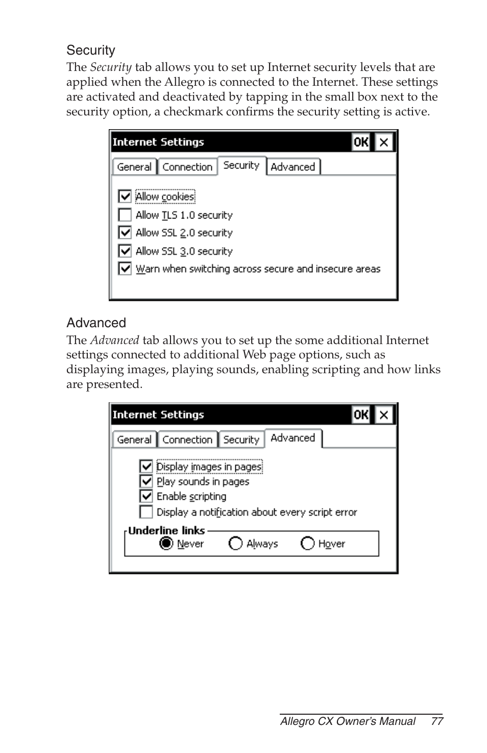 Security, Advanced | Juniper Systems Allegro CX Manual User Manual | Page 77 / 304
