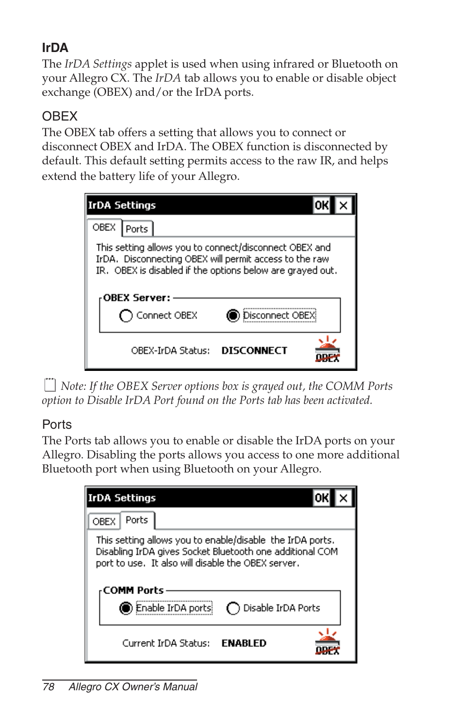 Irda, Obex, Ports | Juniper Systems Allegro CX Manual User Manual | Page 78 / 304