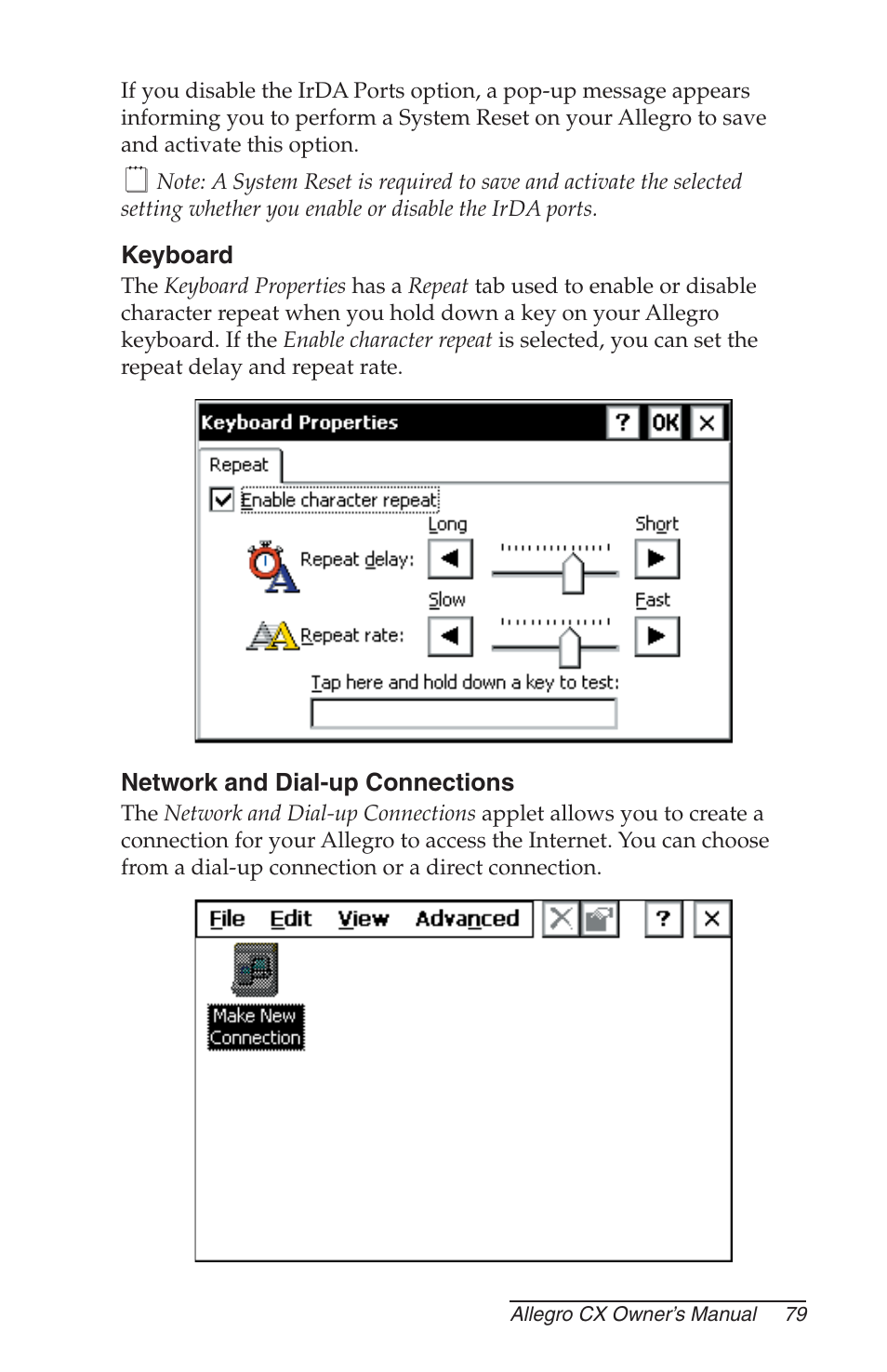 Keyboard, Network and dial-up connections | Juniper Systems Allegro CX Manual User Manual | Page 79 / 304