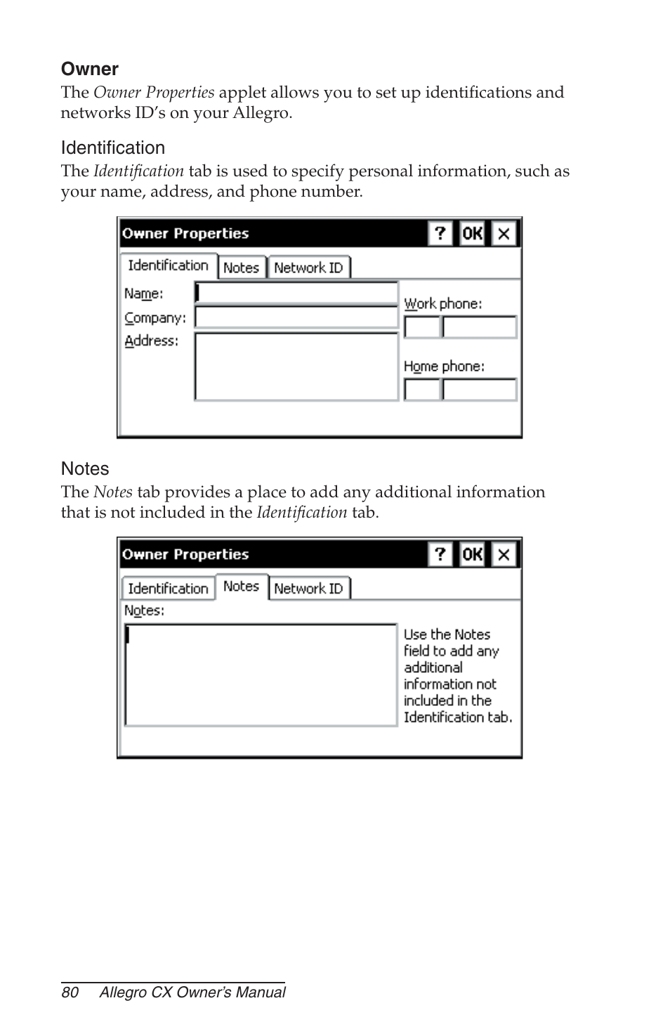 Owner, Identification, Notes | Juniper Systems Allegro CX Manual User Manual | Page 80 / 304