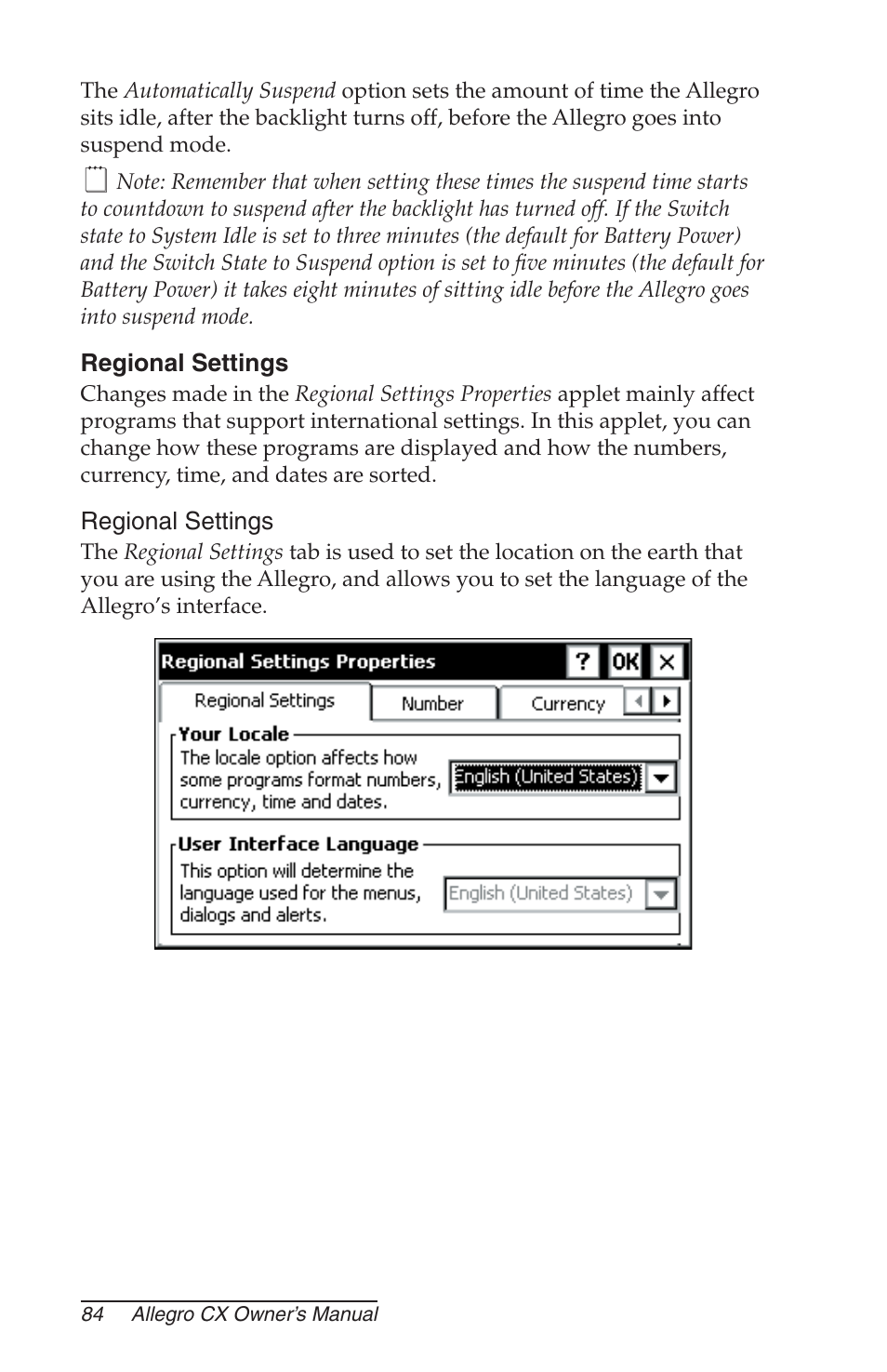 Regional settings | Juniper Systems Allegro CX Manual User Manual | Page 84 / 304