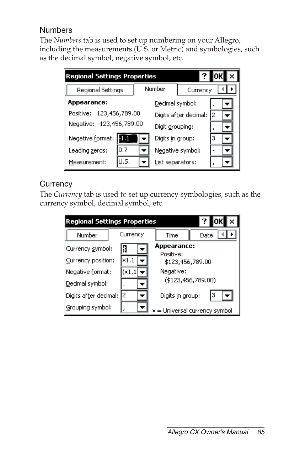 Numbers, Currency | Juniper Systems Allegro CX Manual User Manual | Page 85 / 304