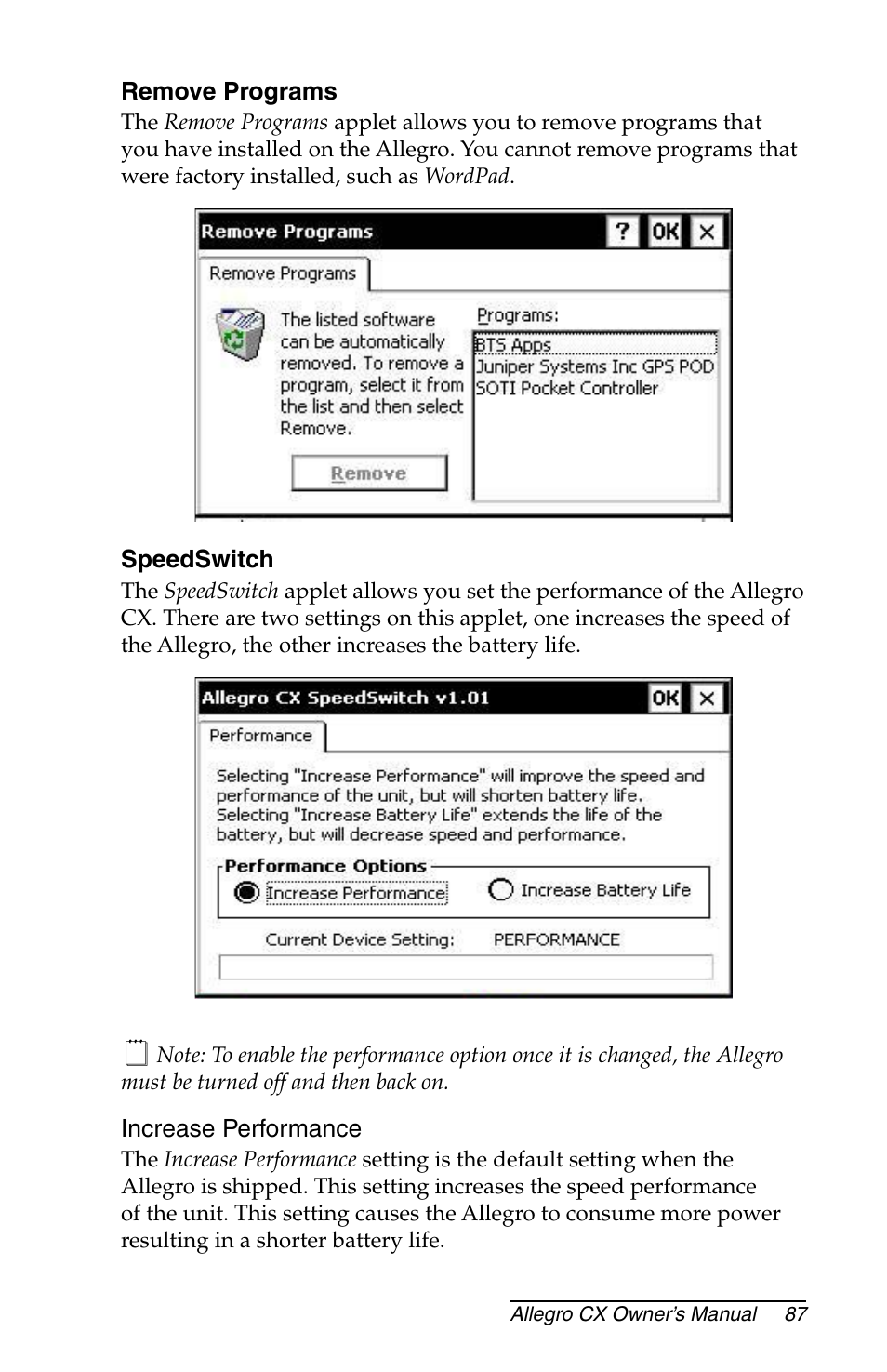 Remove programs, Stylus, Double-tap | Juniper Systems Allegro CX Manual User Manual | Page 87 / 304