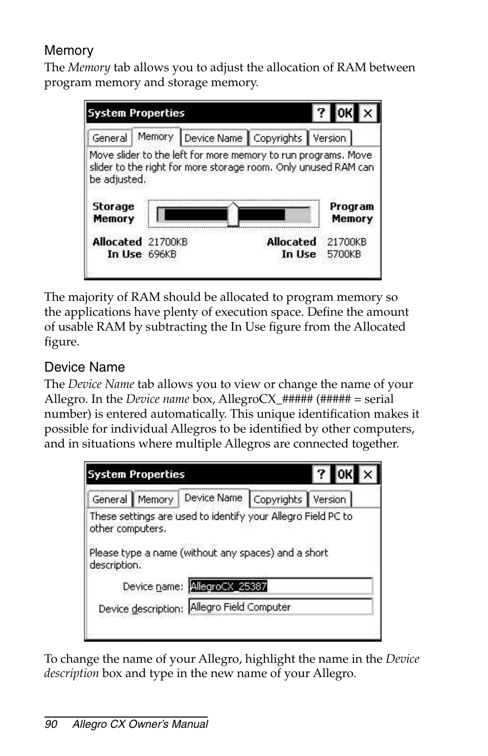 Device name, Copyrights | Juniper Systems Allegro CX Manual User Manual | Page 90 / 304