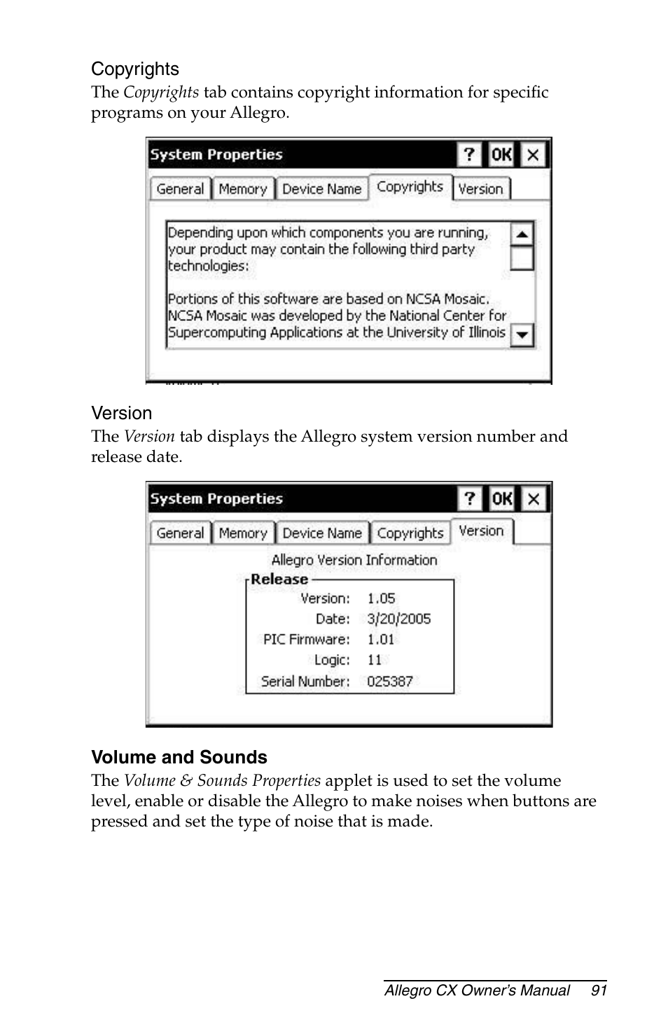 Version, Volume and sounds, Volume | Juniper Systems Allegro CX Manual User Manual | Page 91 / 304